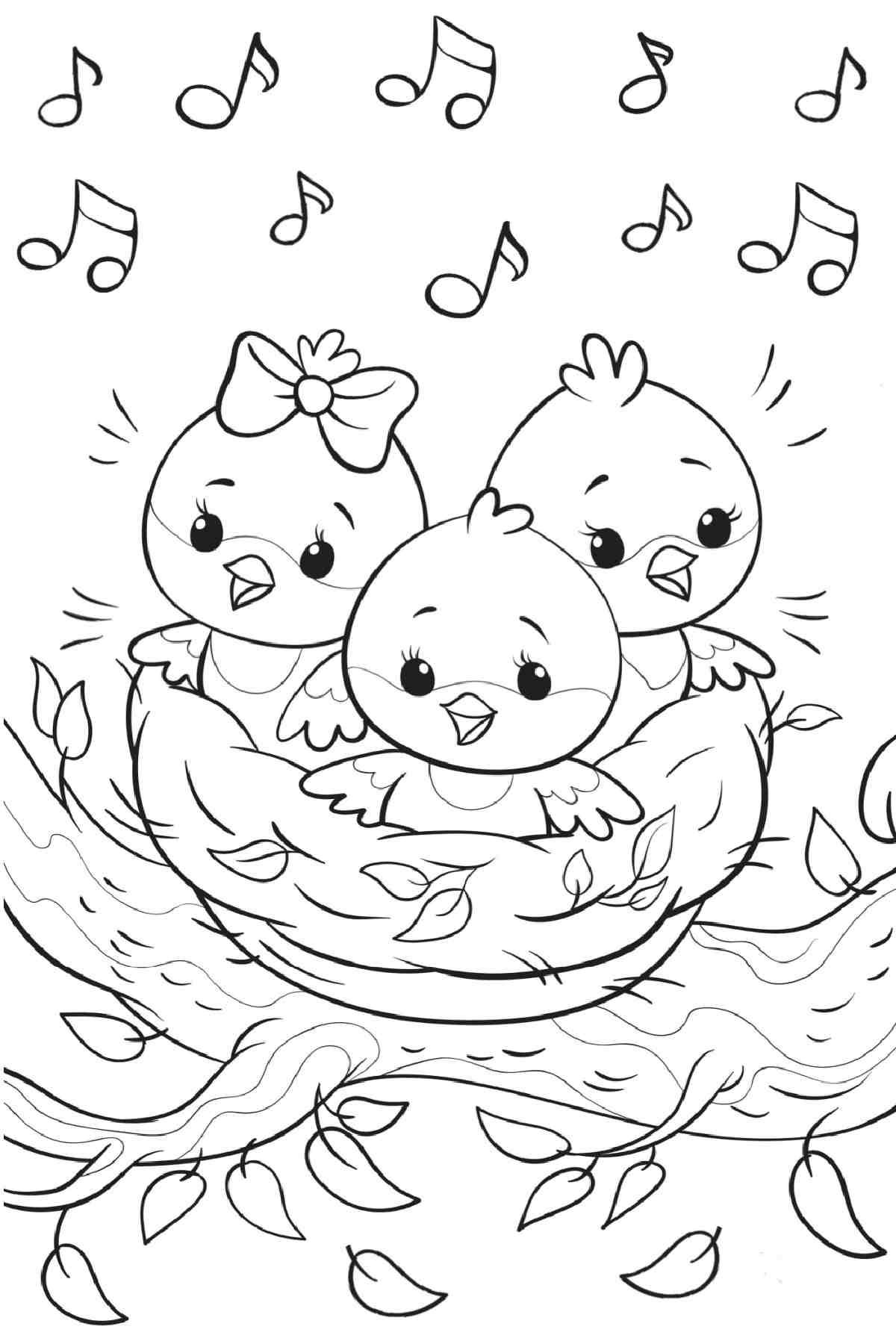 Free Spring Coloring Sheets for Kids A chicks coloring page for spring with three chickadees in a next on a branch with music notes above them to symbolize them chirping.