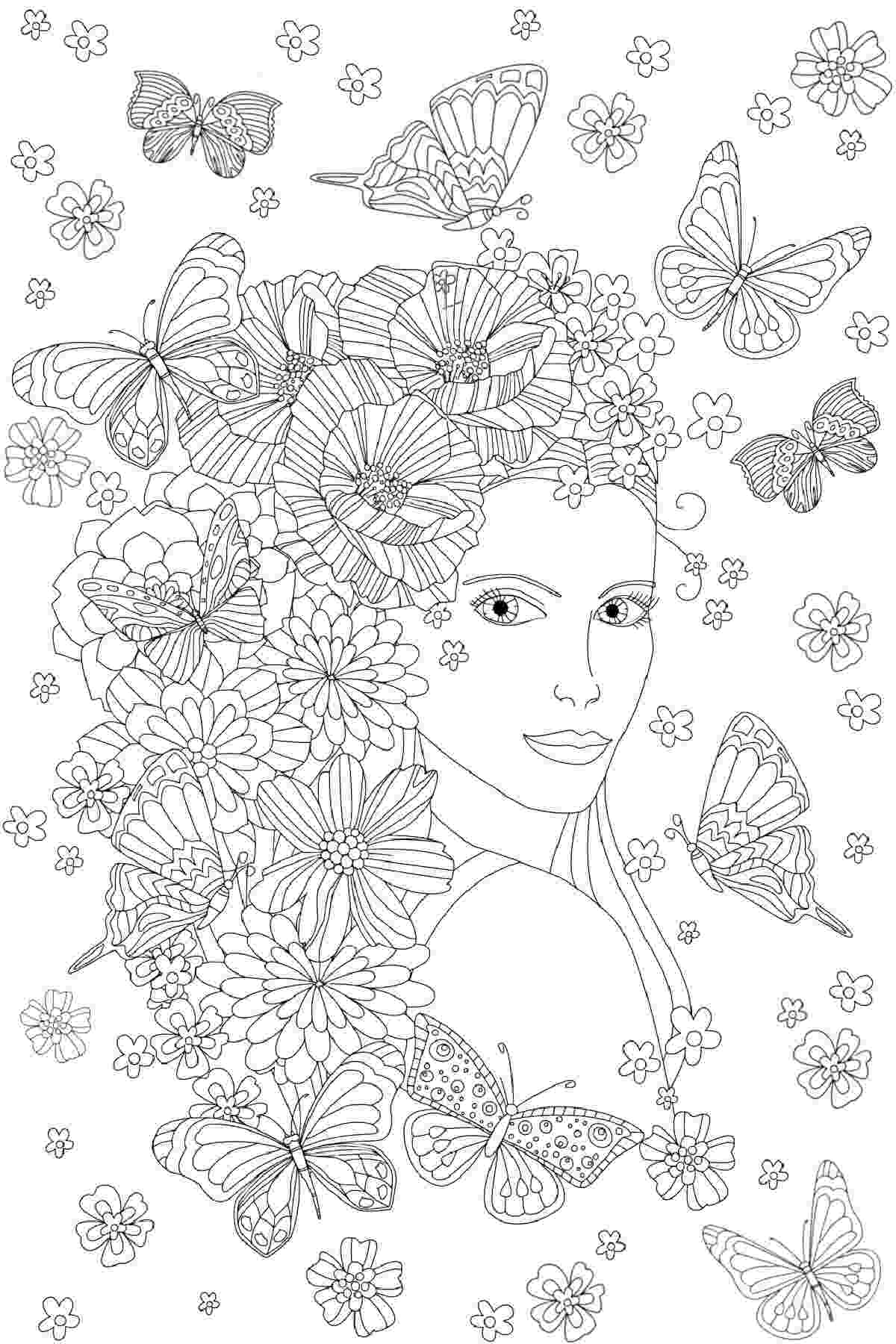 Get 20+ Free Printable Spring Coloring Sheets A springtime coloring pages printable featuring a woman whose hair is covered in flowers with butterflies flying around her.