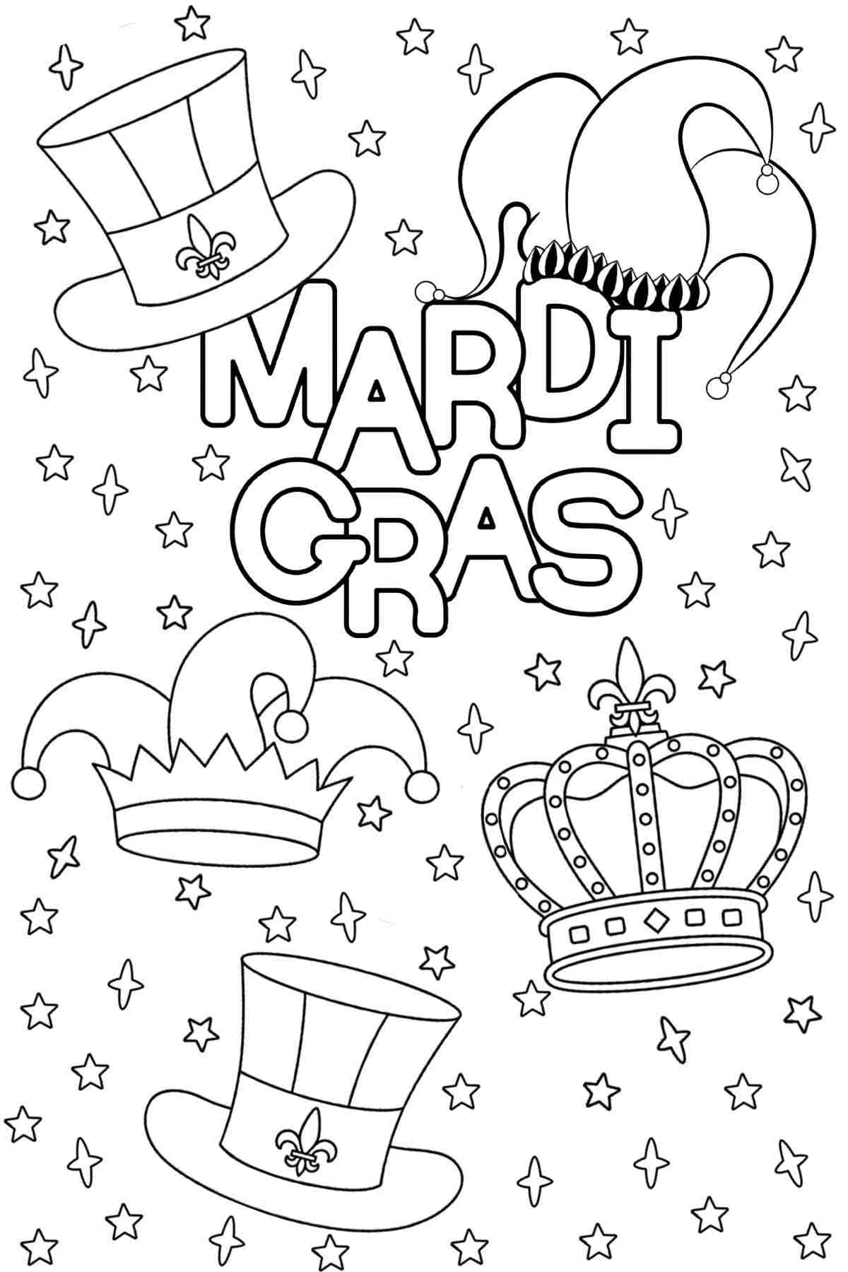 A free Mardi Gras coloring pages printable with the words Mardi Gras in bubble letters with five different hats you might see worn during a Mardi Gras parade around it, and small stars in the background.