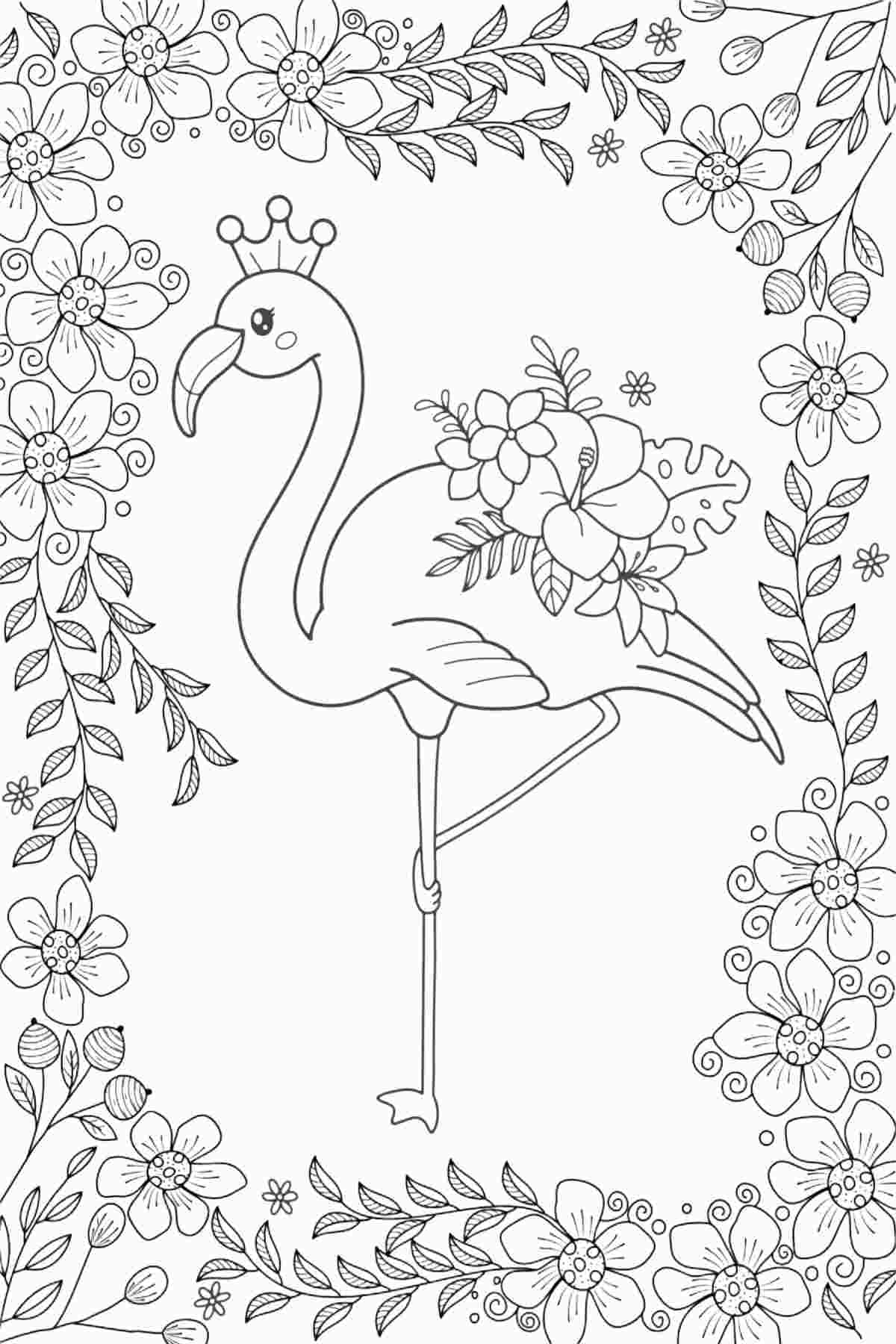 20 Free Coloring Sheets for Spring A flamingo coloring pages printable for spring, with a flamingo standing on one leg in the center of the image, wearing a crown, and with flowers on her backside, inside a border of flowers.
