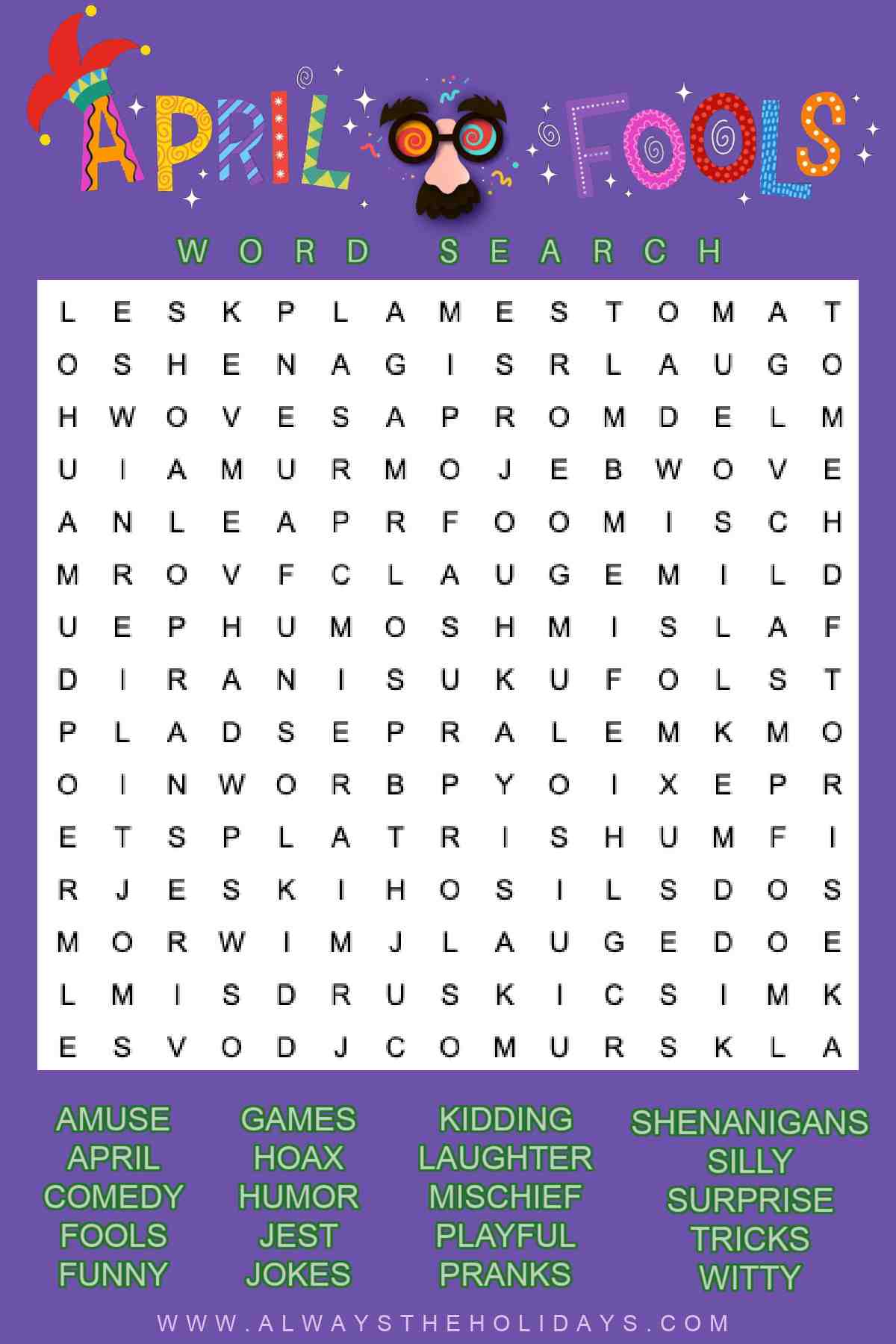 A purple background with an April Fools' Day word search in the center, with a word bank at the bottom, and colorful block letters that say April Fools' Word Search at the top.