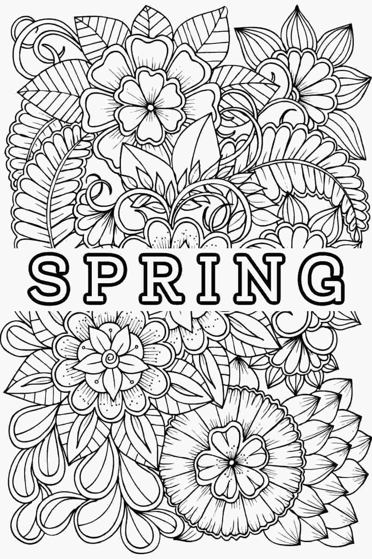 Free Spring Coloring Pages for Adults A spring printable coloring page, with the word spring in the center in white letters with a black outline, and an illustration of flowers completely covering the rest of the image.