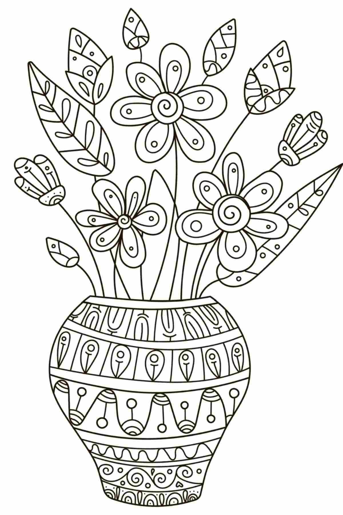 20+ Free Spring Printable Coloring Pages A flower coloring sheets printable for spring with a bouquet of flowers and greenery in an ornate decorated vase.