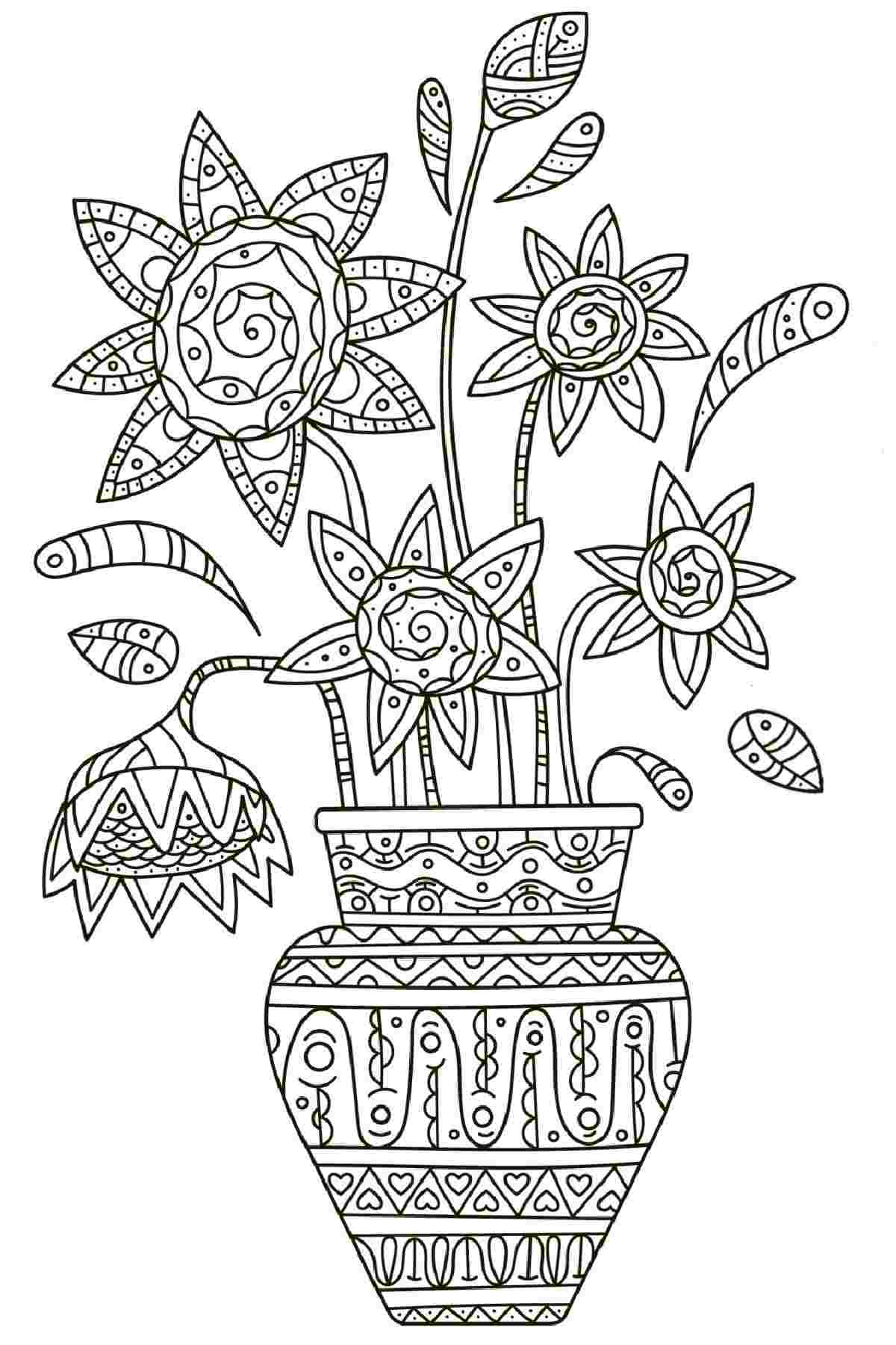 Get 20+ Free Spring Printable Coloring Sheets A springtime coloring sheets printable image featuring a decorated vase and bouquet of flowers and foliage.