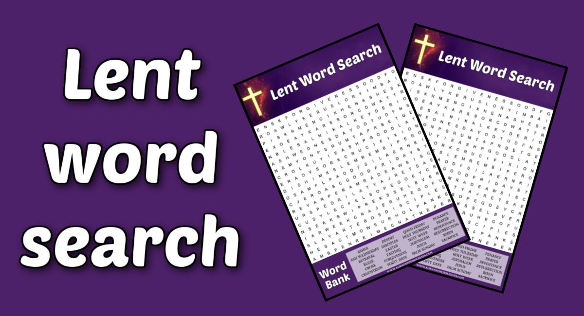 Lent word search and text A purple background with white bubble letters that say Lent word search, with two images of free Lent word searches to the