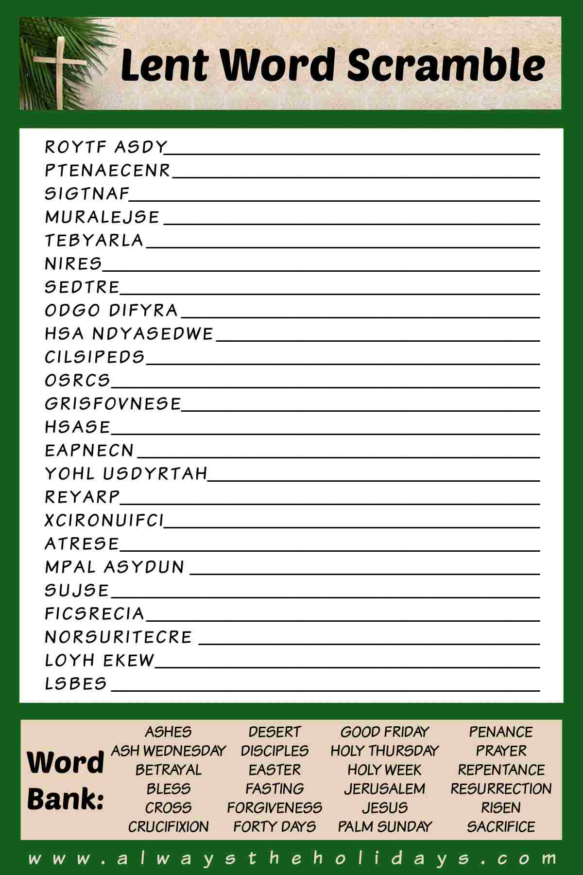 A free Lent word scramble printable with the word puzzle in the center, a word bank at the bottom of all 24 words, and a text overlay at the top that says Lent word scramble.