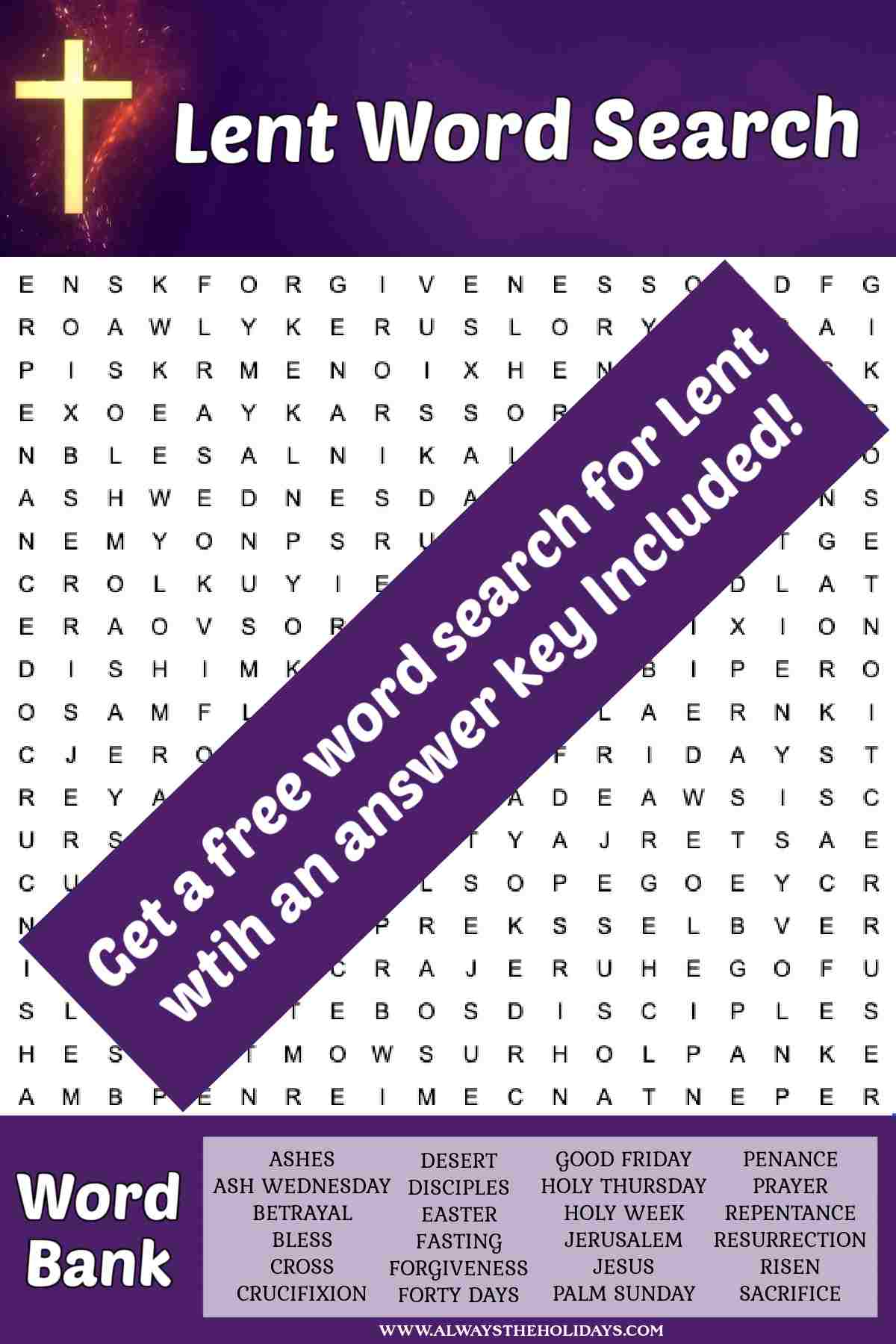 Get a Free Word Search for Lent to Celebrate the Holiday! An image of a Lent printable word search with a purple banner with white text across the center of the Lent word find that reads get a free word search for Lent with an answer key included.