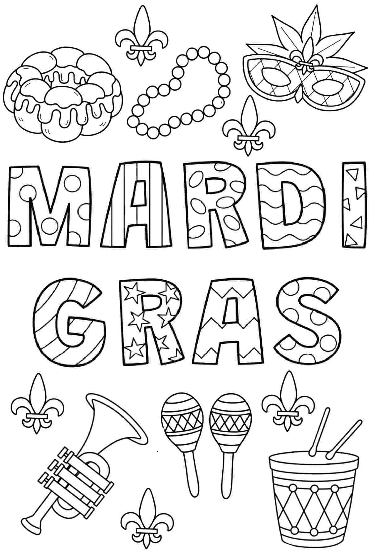 A printable Mardi Gras coloring sheets image featuring the symbols of Mardi Gras around the name of the holiday written in bubble letters.