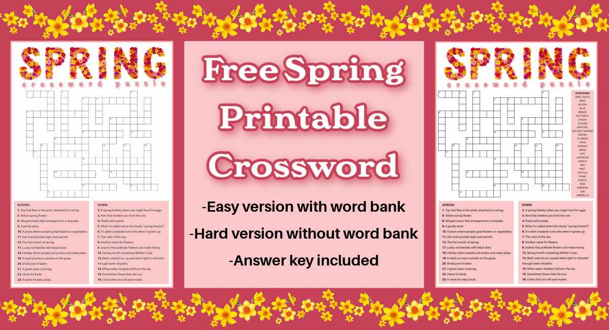 Spring crosswords Two spring crossword puzzles, one with a word bank and one without on either side of a text overlay that says free spring printable crossword in white letters with a pink outline, with a row of daffodils above it, and below it.