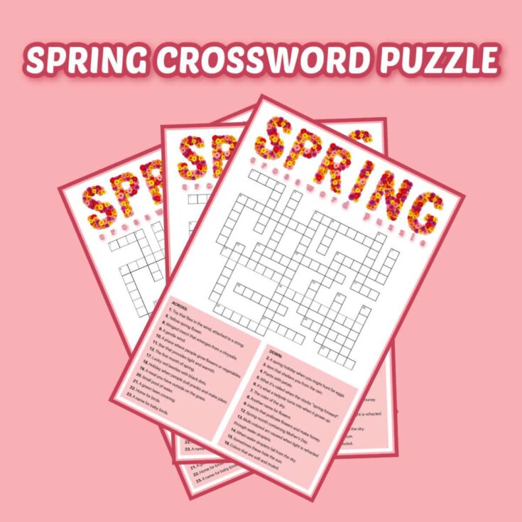 A pink background with three free printable crossword puzzles fanned out on it, with a text overlay at the top that says spring crossword puzzle.