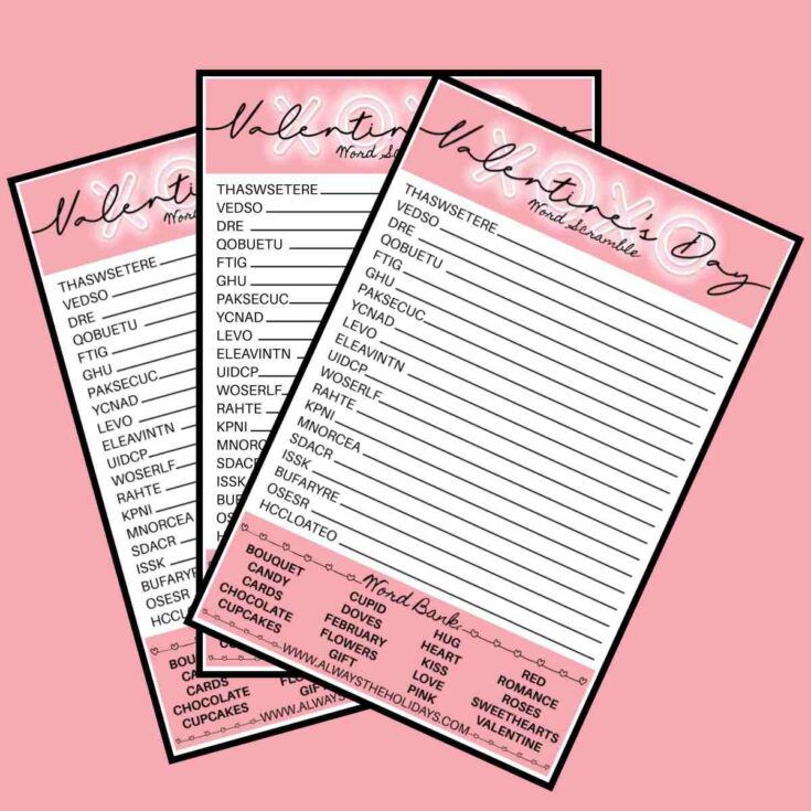 Three free printable Valentine's Day word scrambles fanned out across a pink background.