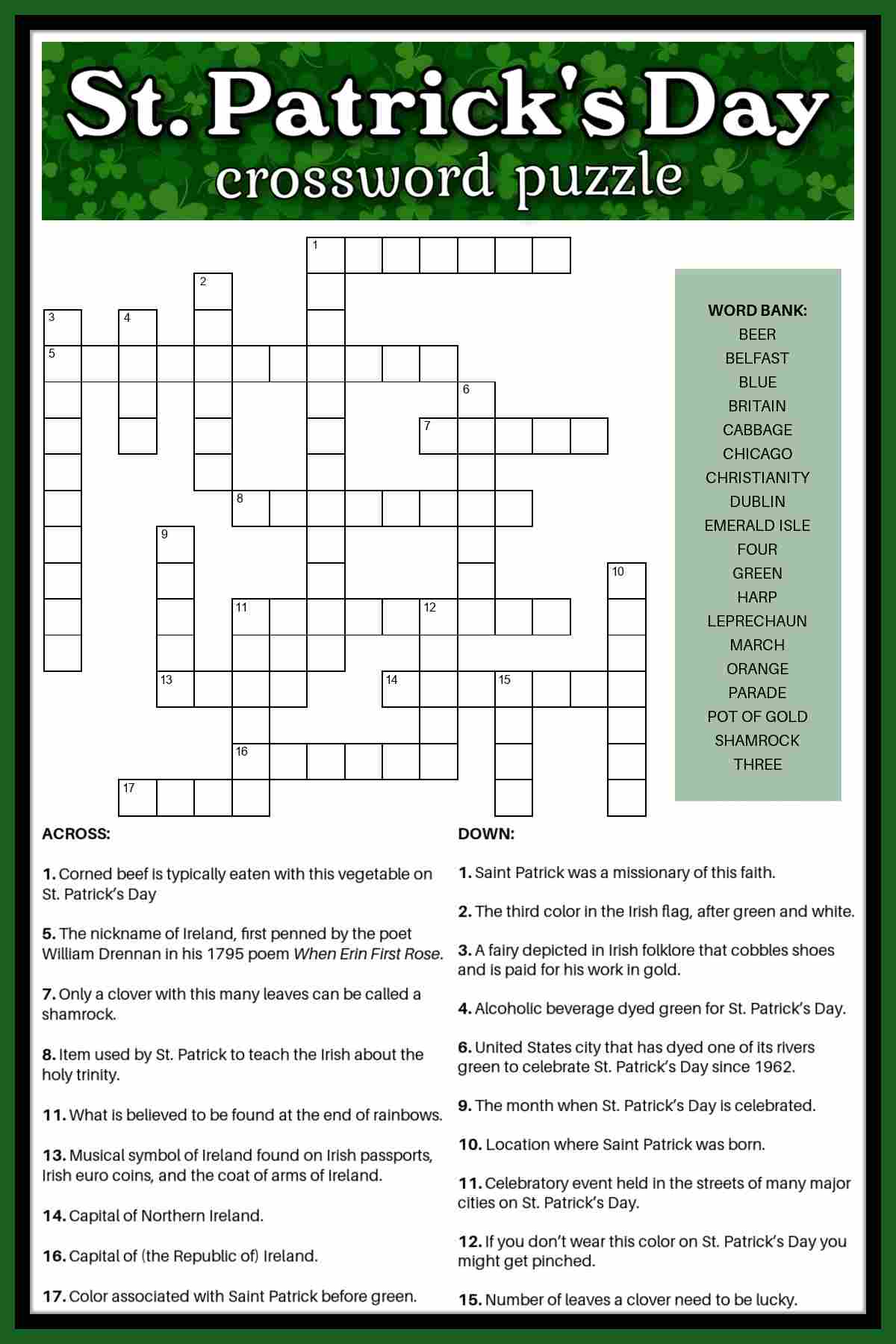A free St. Patrick's Day printable crossword puzzle in the center of the page, with a word bank beside it, clues under it, and a rectangle of shamrocks at the top with a text overlay that says St. Patrick's Day crossword puzzle in white letters.