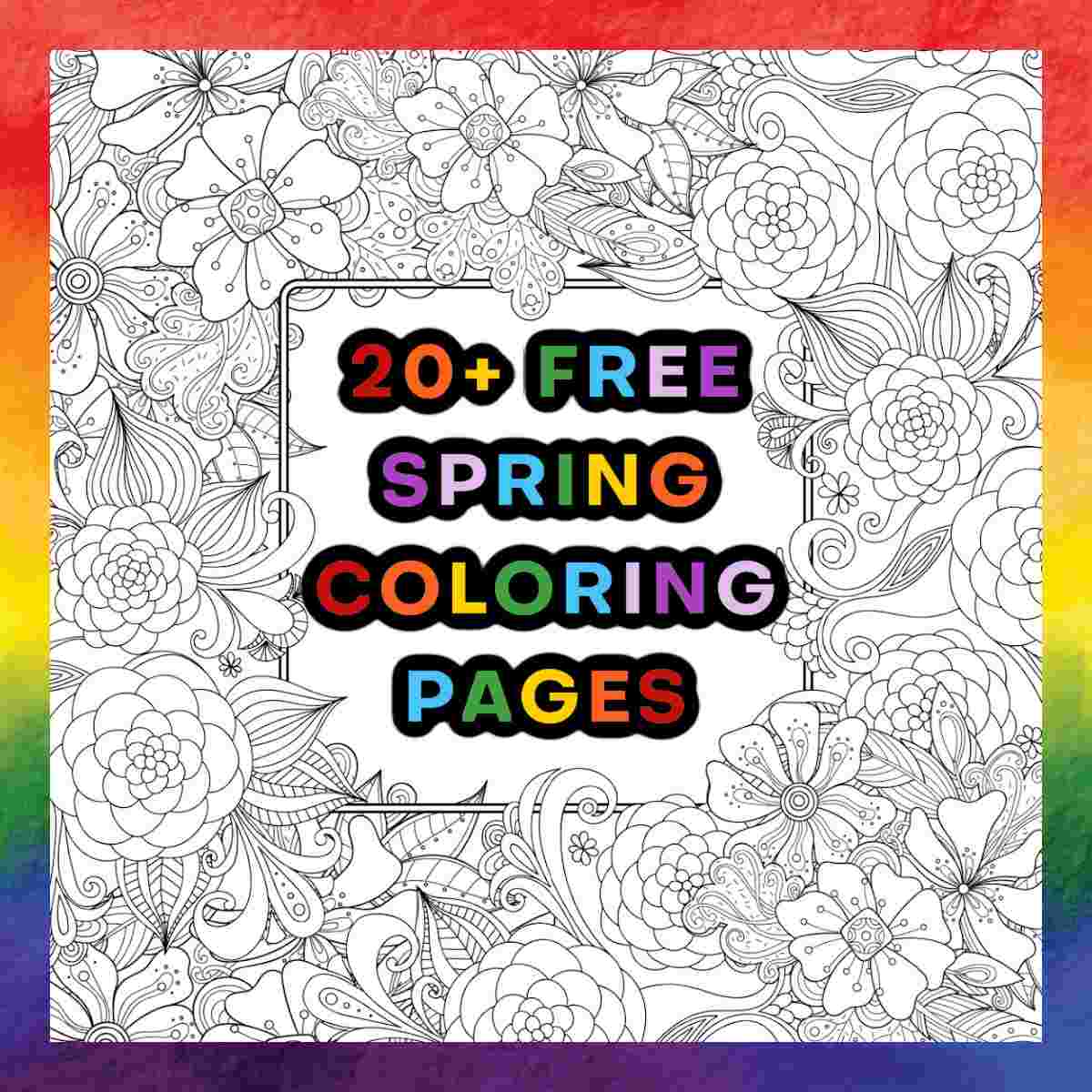 Spring coloring pages text in rainbow letters A square image with a tiny rainbow border around a larger floral illustrations border, with a small white square in the center, with a rainbow text overlay over the top with a text overlay that says 20+ free spring coloring pages.