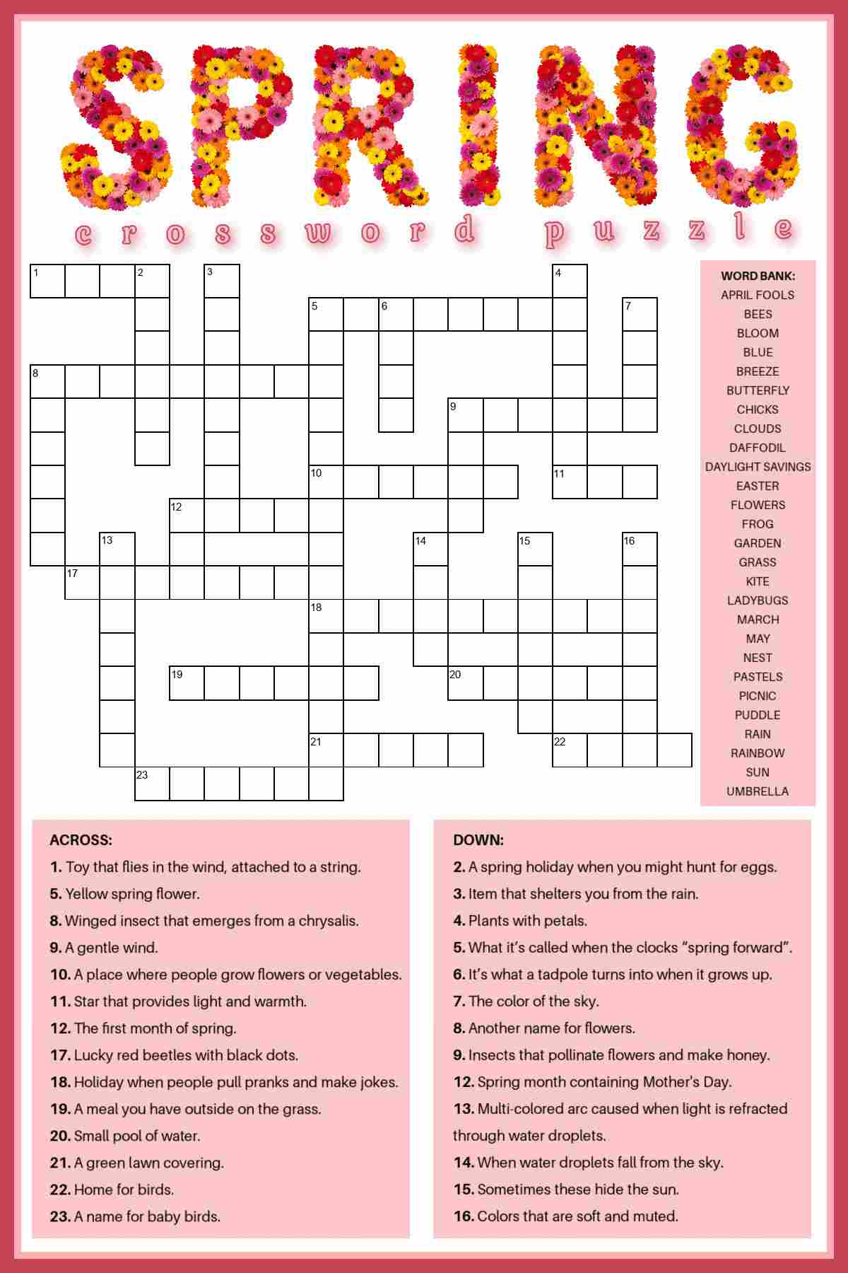 A free spring crossword puzzle with a word bank in the center of the image, with the clues below it, and the word spring made of flowers at the top of the image.