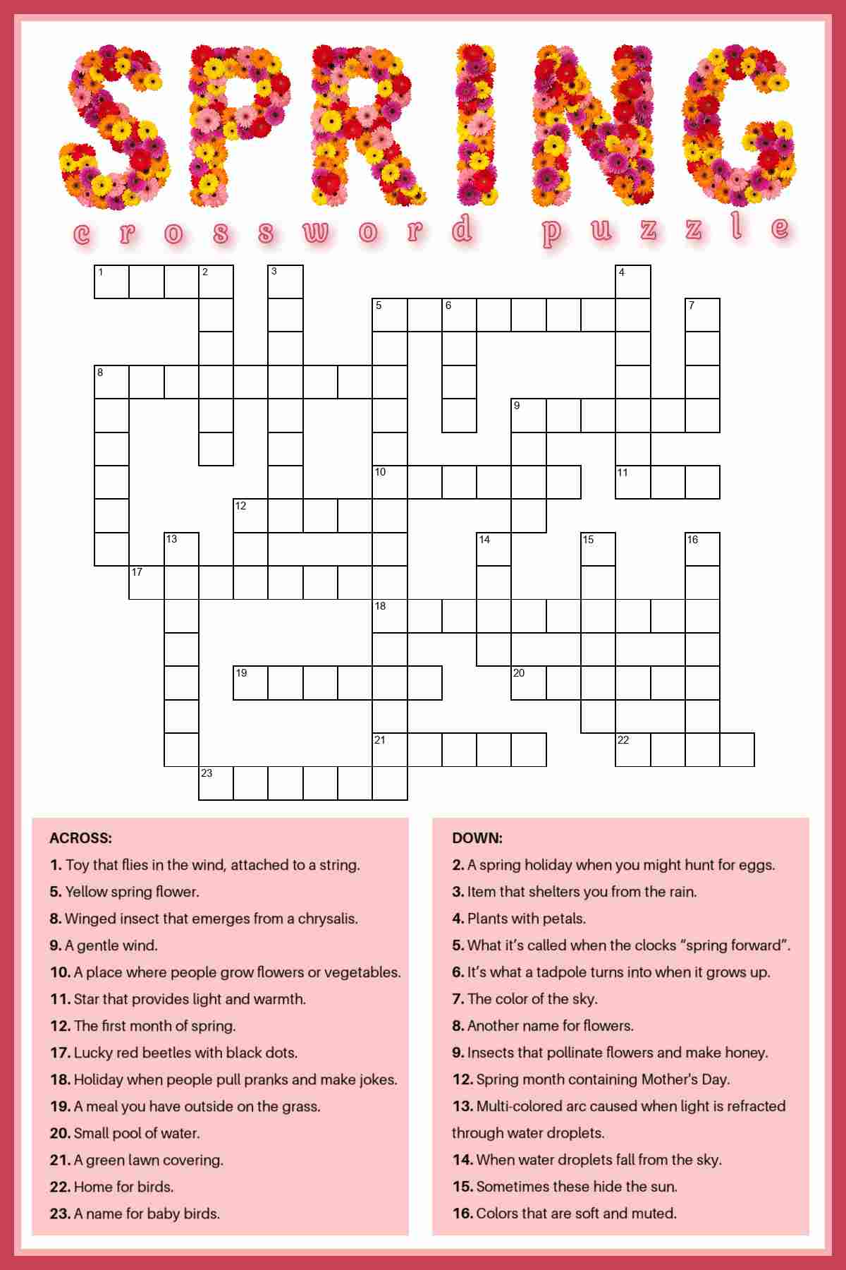 A printable spring crossword puzzle in the center of the image, with the blues in pink squares below it and the word spring above it in letters that are made out of flowers.