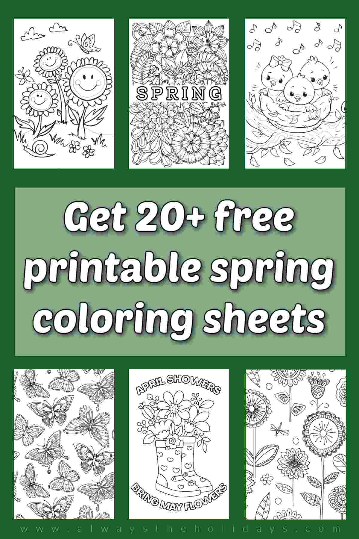 Celebrate Spring with 20+ Free Spring Coloring Pages! A green background with a white text overlay in the center that says get 20+ free printable spring coloring sheets, surrounded by six coloring pages for spring, the three on the top are a sunflower coloring sheet, a flower coloring page, a chick coloring sheet, and the ones below it are a butterfly coloring page, a spring coloring sheet of a rain boot filled with flowers, a floral coloring sheet for spring.