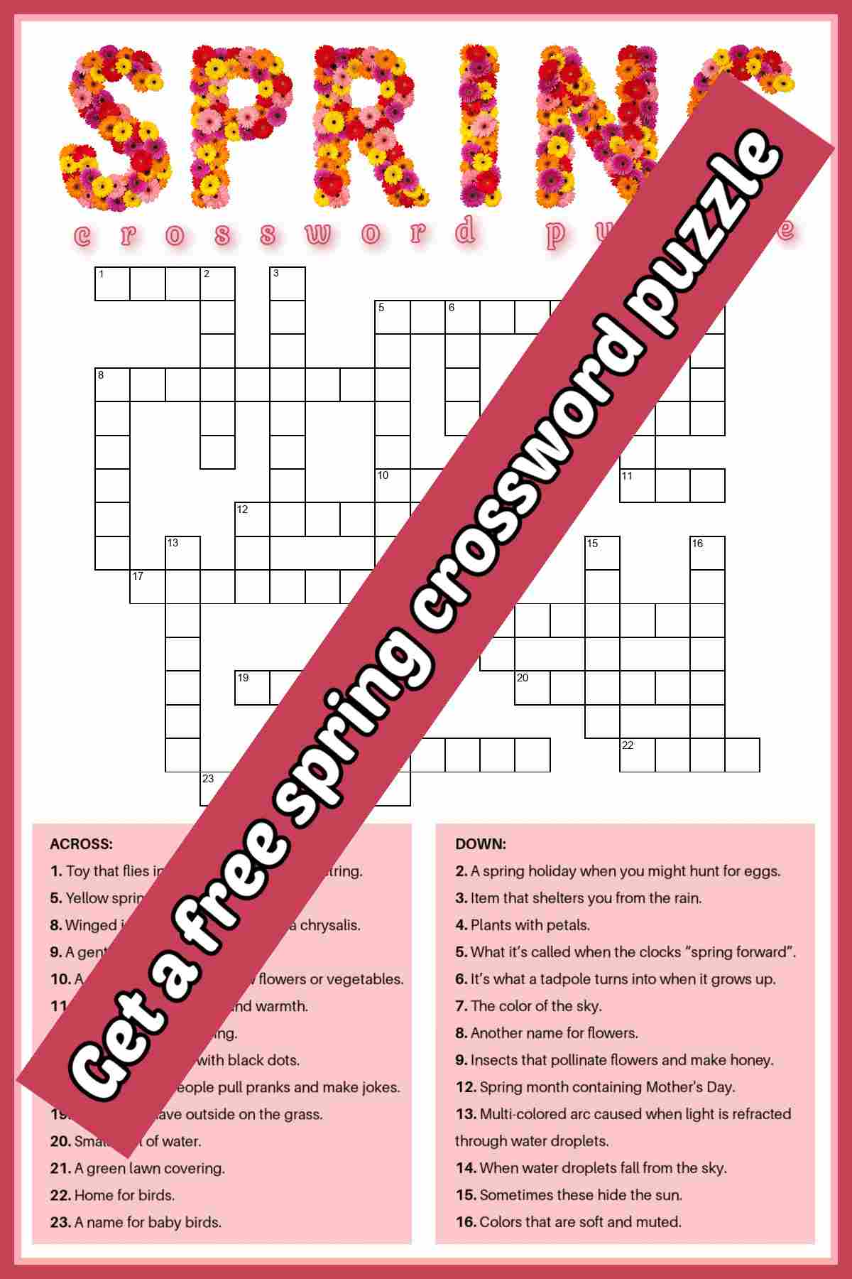 Get a Free Spring Crossword Puzzle Printable! An image of a spring crossword printable puzzle with a magenta rectangle across it diagonally with a text overlay that says get a free spring crossword puzzle.