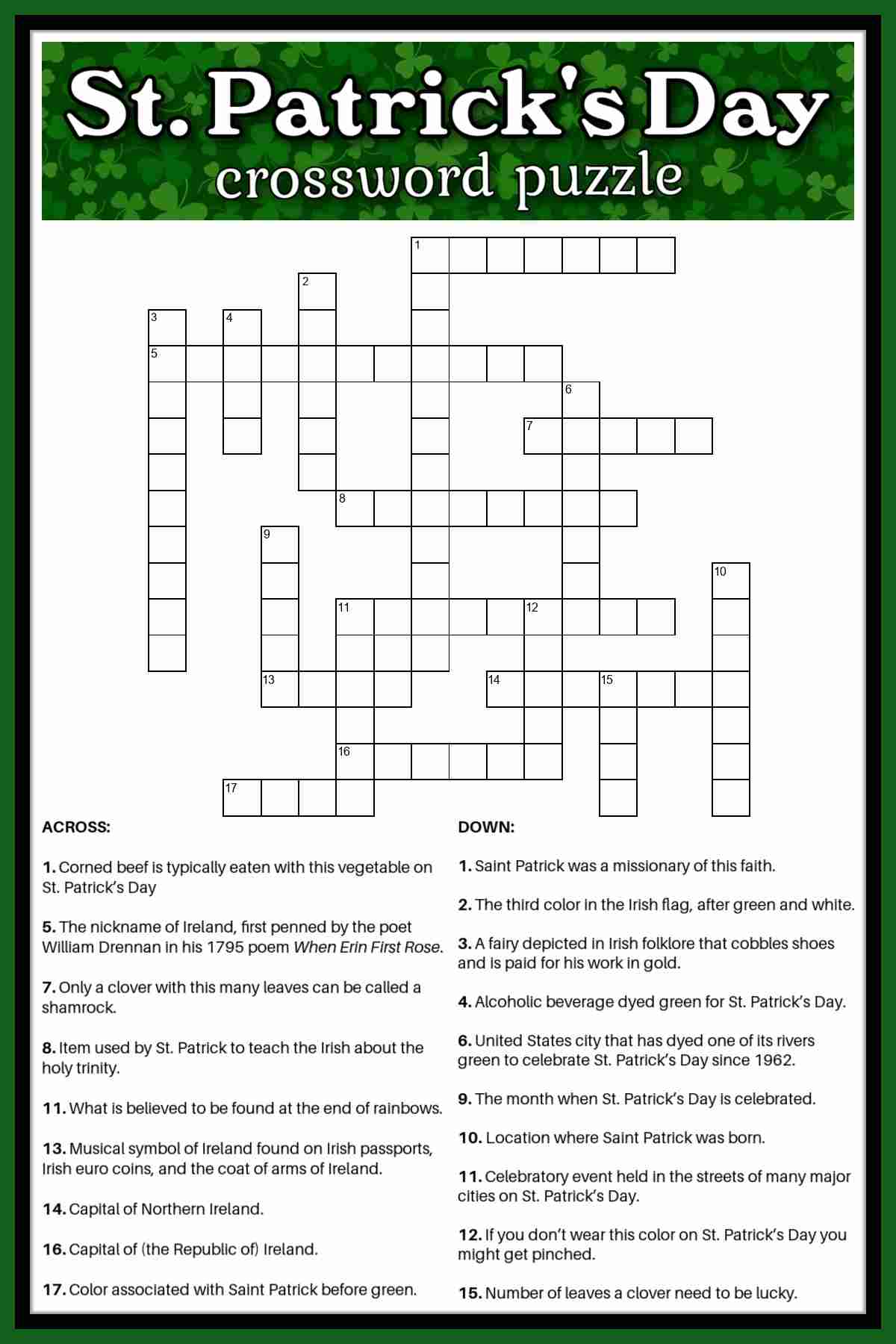 A free printable crossword puzzle in the center of the image, with clues at the bottom and a rectangle filled with shamrocks at the top with a text overlay on it that says St. Patrick's Day crossword puzzle in white lettering with a black outline.