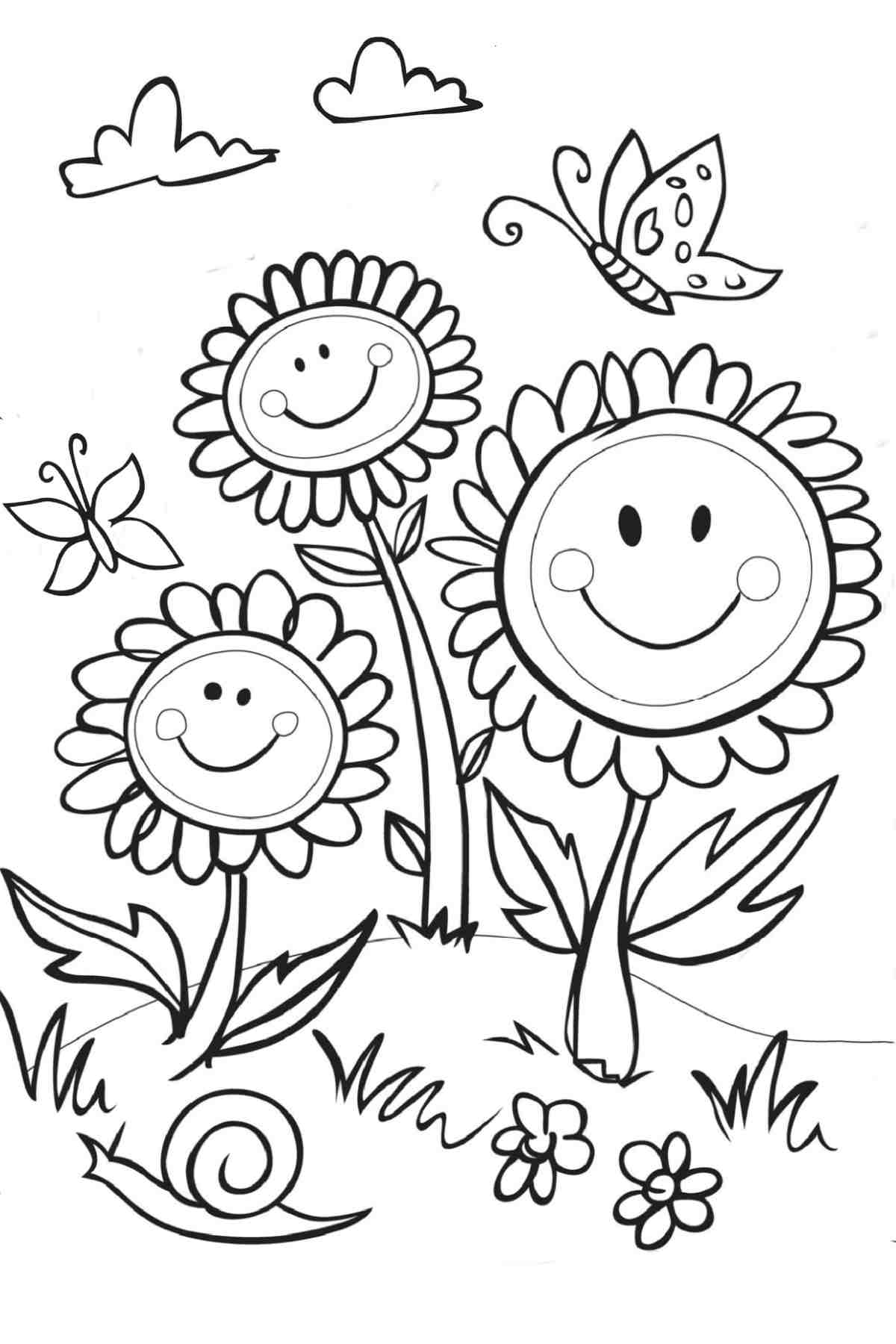 Download Free Spring Printable Coloring Pages A sunflower coloring pages printable featuring three sunflowers with big smiles on their faces, with a snail in the grass at the bottom, and two butterflies and clouds at the top.