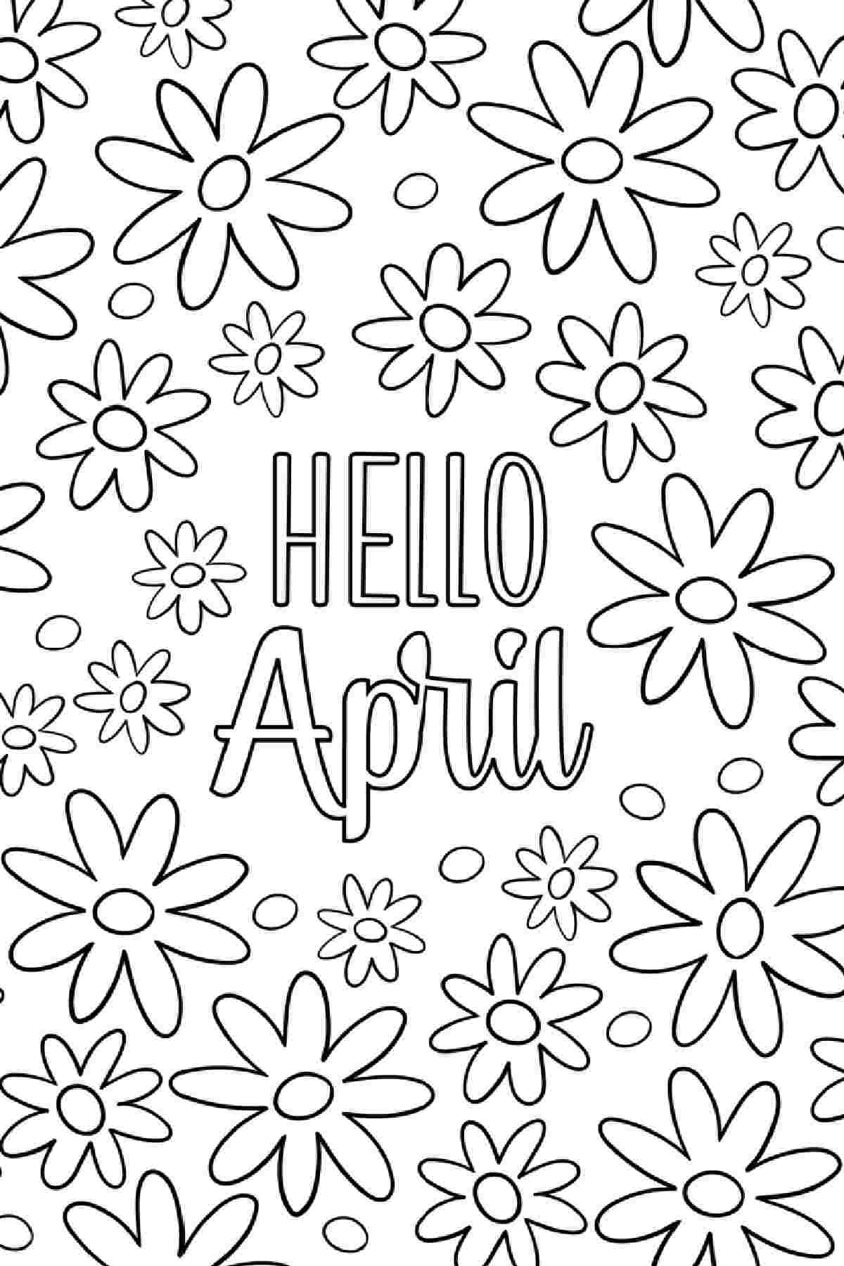 Celebrate the April with Free Spring Coloring Sheets An April coloring pages printable with the words hello April in the center, and tiny flowers all around it.