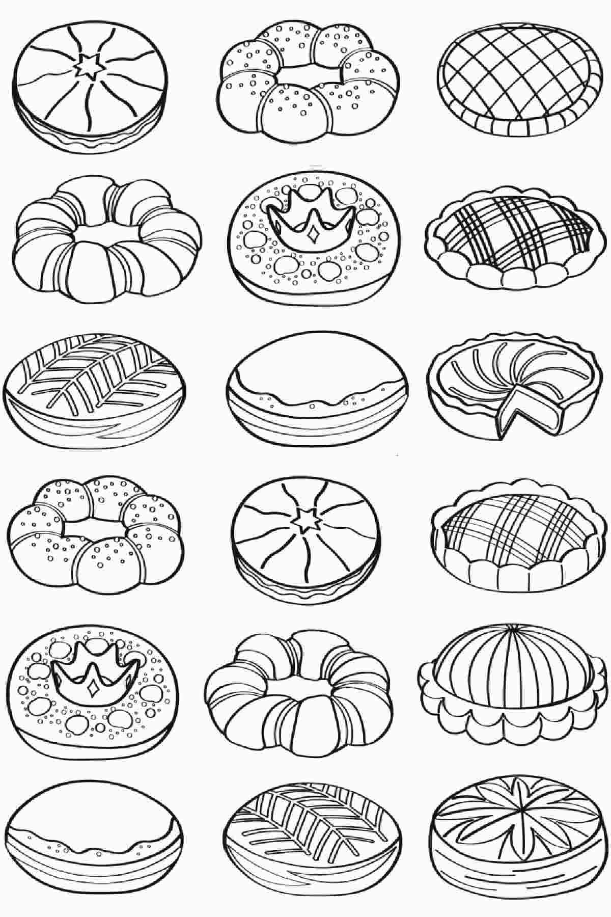 A king cake coloring page with 18 different king cakes from around the world in three columns.