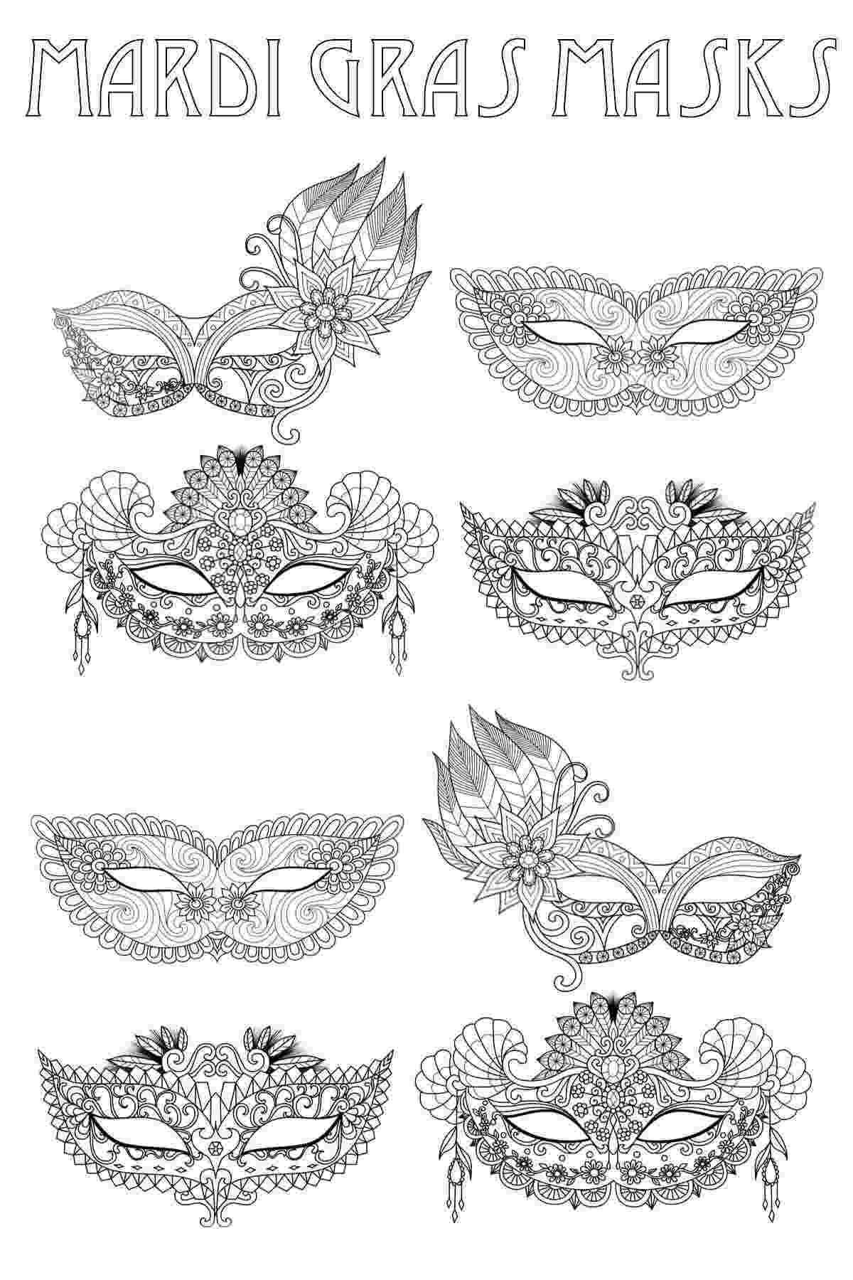 A Mardi Gras mask coloring page that features eight different masks with a text overlay at the top.
