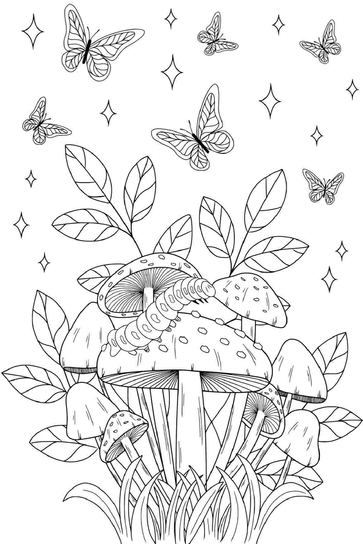 Free Printable Spring Coloring Pages A mushroom coloring pages printable for spring with a cluster of mushrooms in the center, with grass growing around it, and small butterflies and stars above it.