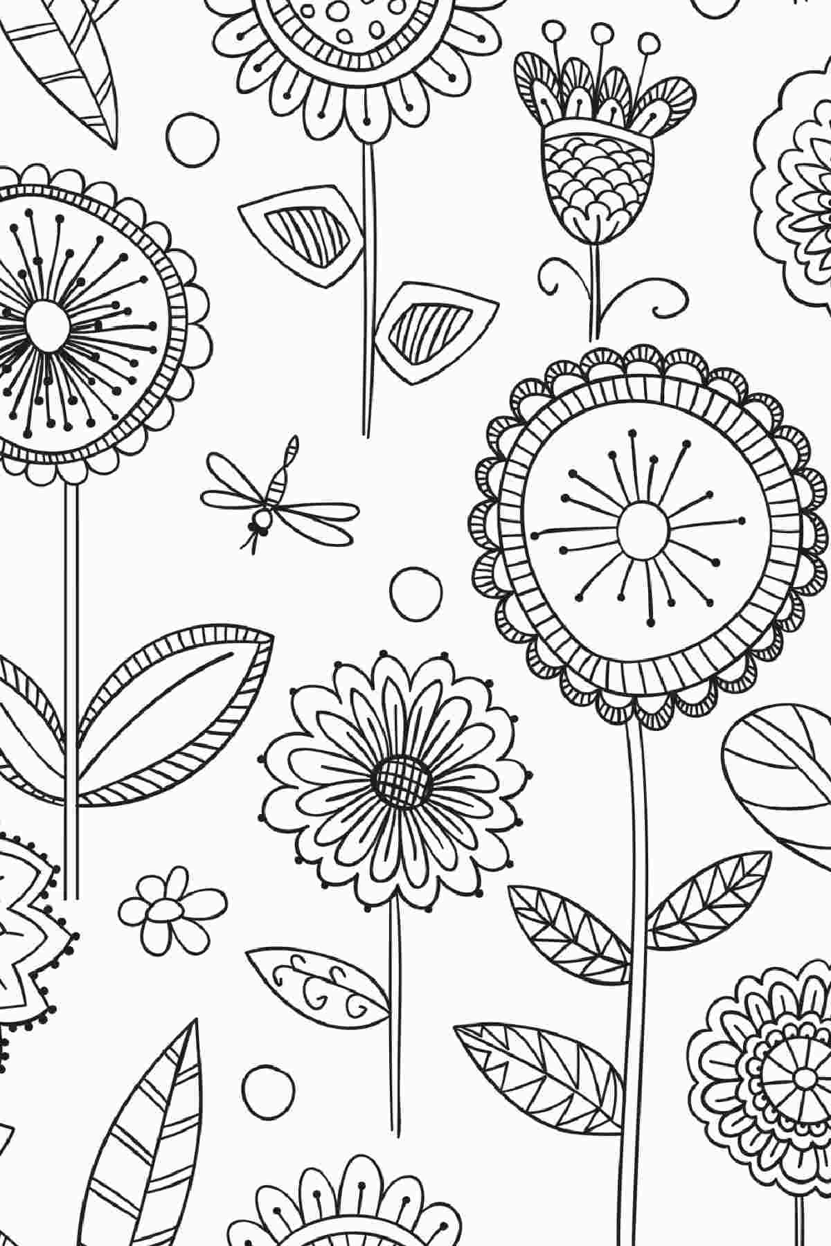Printable Spring Coloring Sheets Free Download! A printable spring coloring page featuring stemmed flowers, leaves, and a dragonfly.