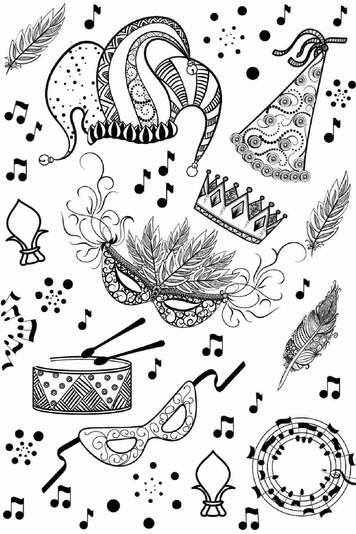 A Fat Tuesday coloring pages printable featuring the symbols of Mardi Gras surrounded by music notes.