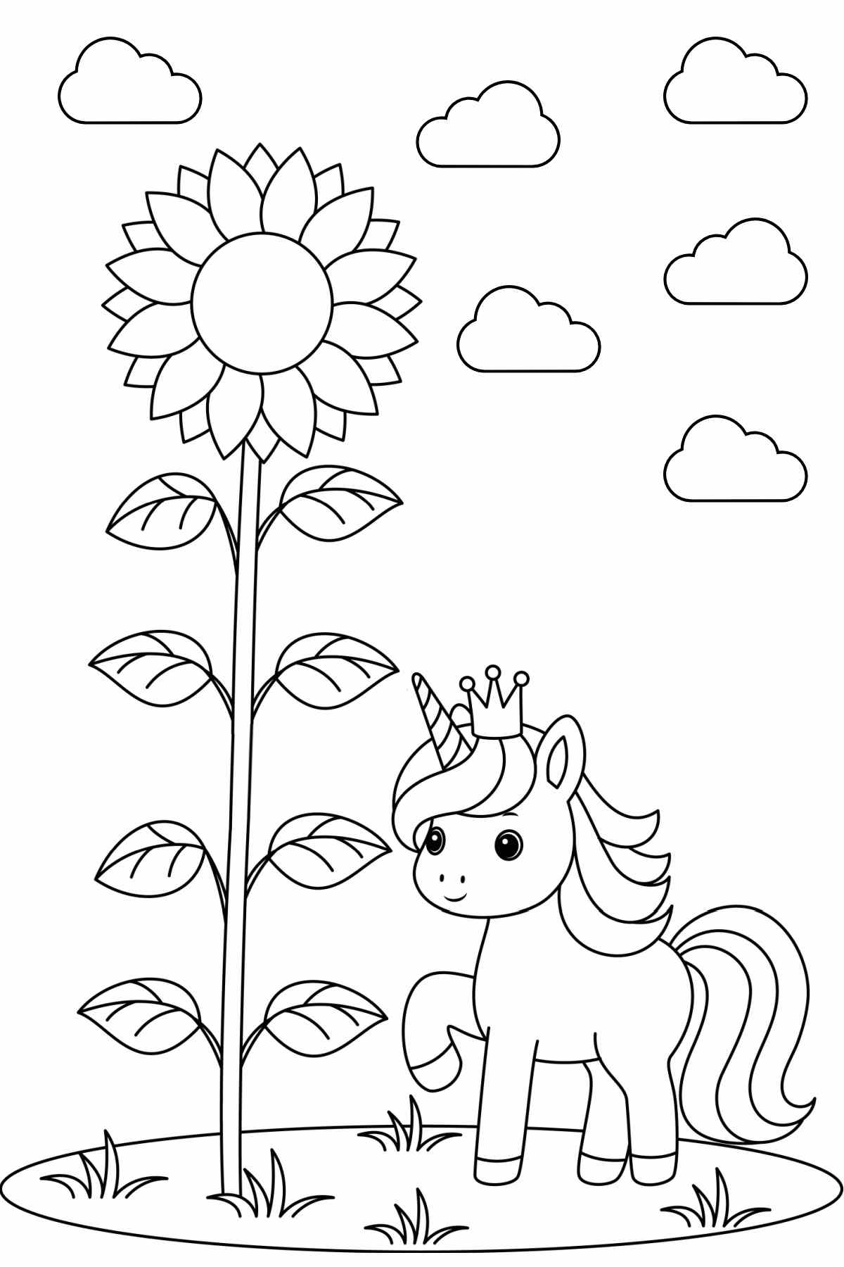Printable Spring Coloring Pages Free Download! A unicorn coloring pages printable featuring a unicorn wearing a crown standing next to a giant sunflower that's growing up into the clouds.