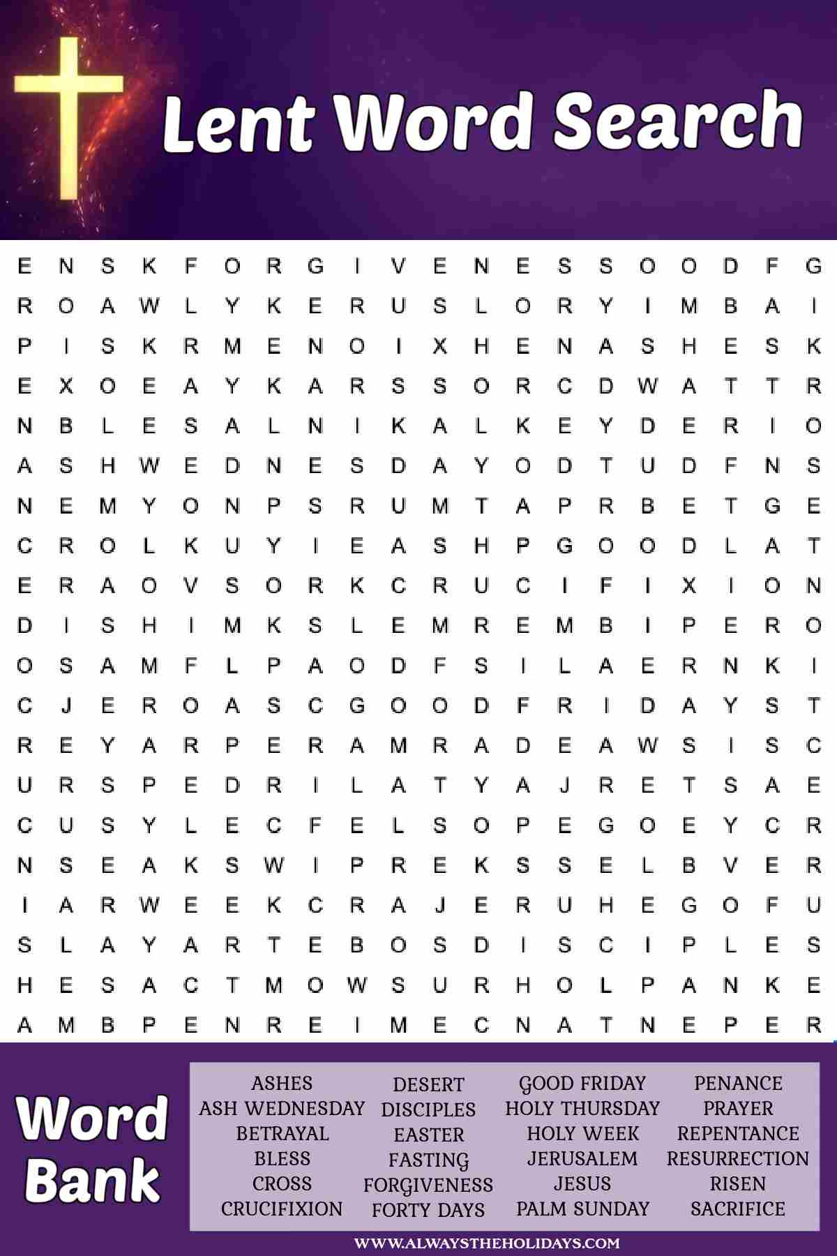 A Christian word search printable, with a word bank at the bottom, and the words Lent word search at the top across a purple banner with a cross on the left side.