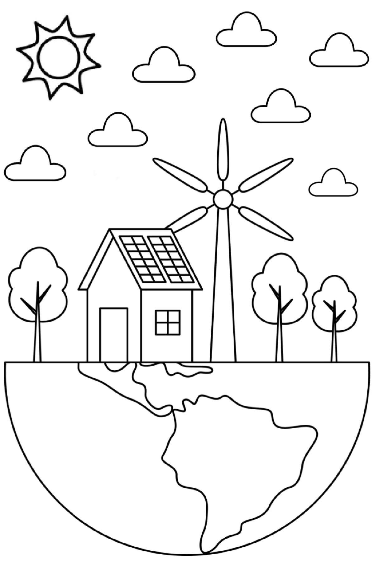 Get 22 Free Printable Earth Day Coloring Pages A free coloring pages for Earth Day printable, with half of the earth pictured, with a house with solar panels, a wind turbine, and three trees coming out of it.