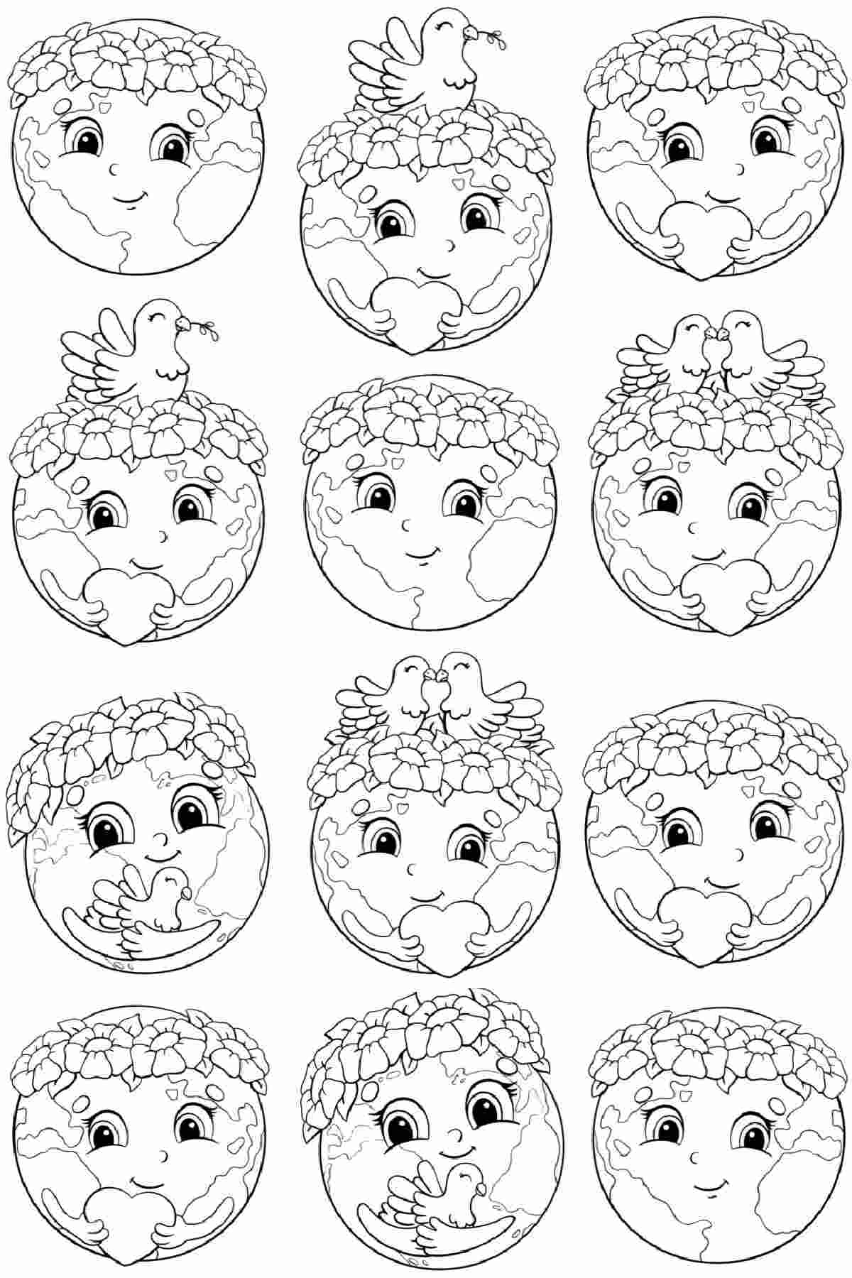 Get Earth Coloring Sheets for Earth Day An earth coloring sheets printable with 12 different earths, each one with a flower crown, some holding birds, and some holding hearts.