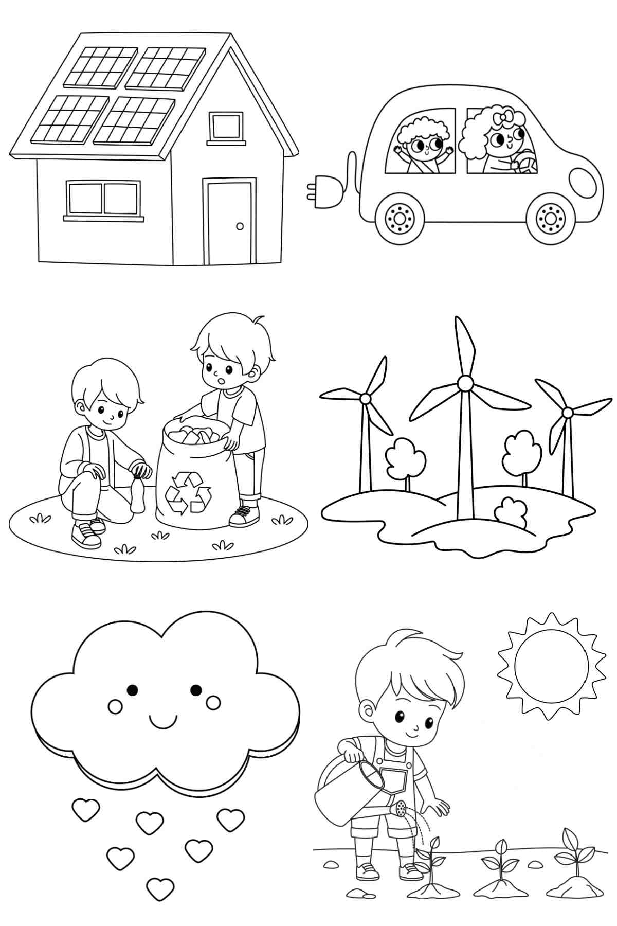 Get 22 Free Earth Day Coloring Pages A free Earth Day coloring pages printable, featuring a home with solar panels, an electric car, two kids recycling, three wind turbines, a rain cloud, and a kid watering small plants.