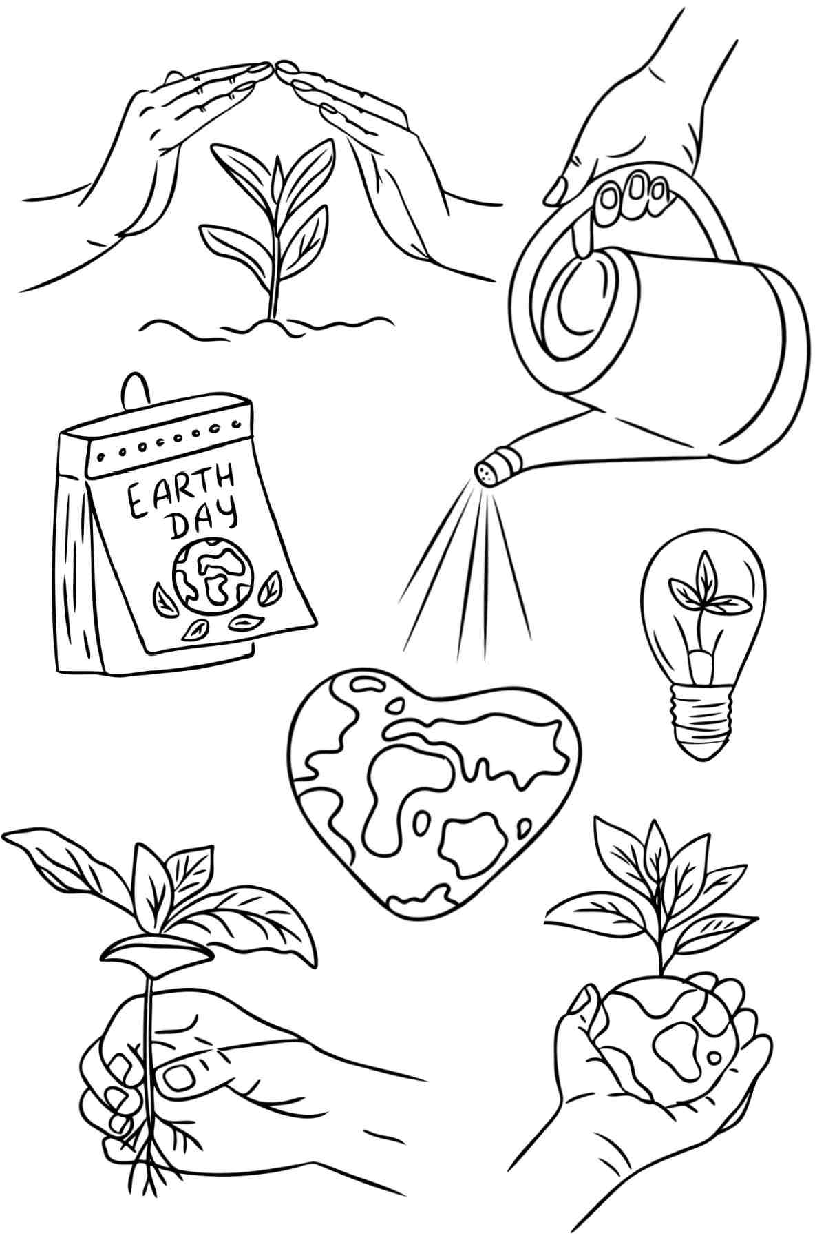 Free Coloring Sheets for Earth Day A free Earth Day coloring sheets printable image with a watering can, various sapling plants, a lightbulb, a heart shaped earth and a calendar on the page for Earth Day.