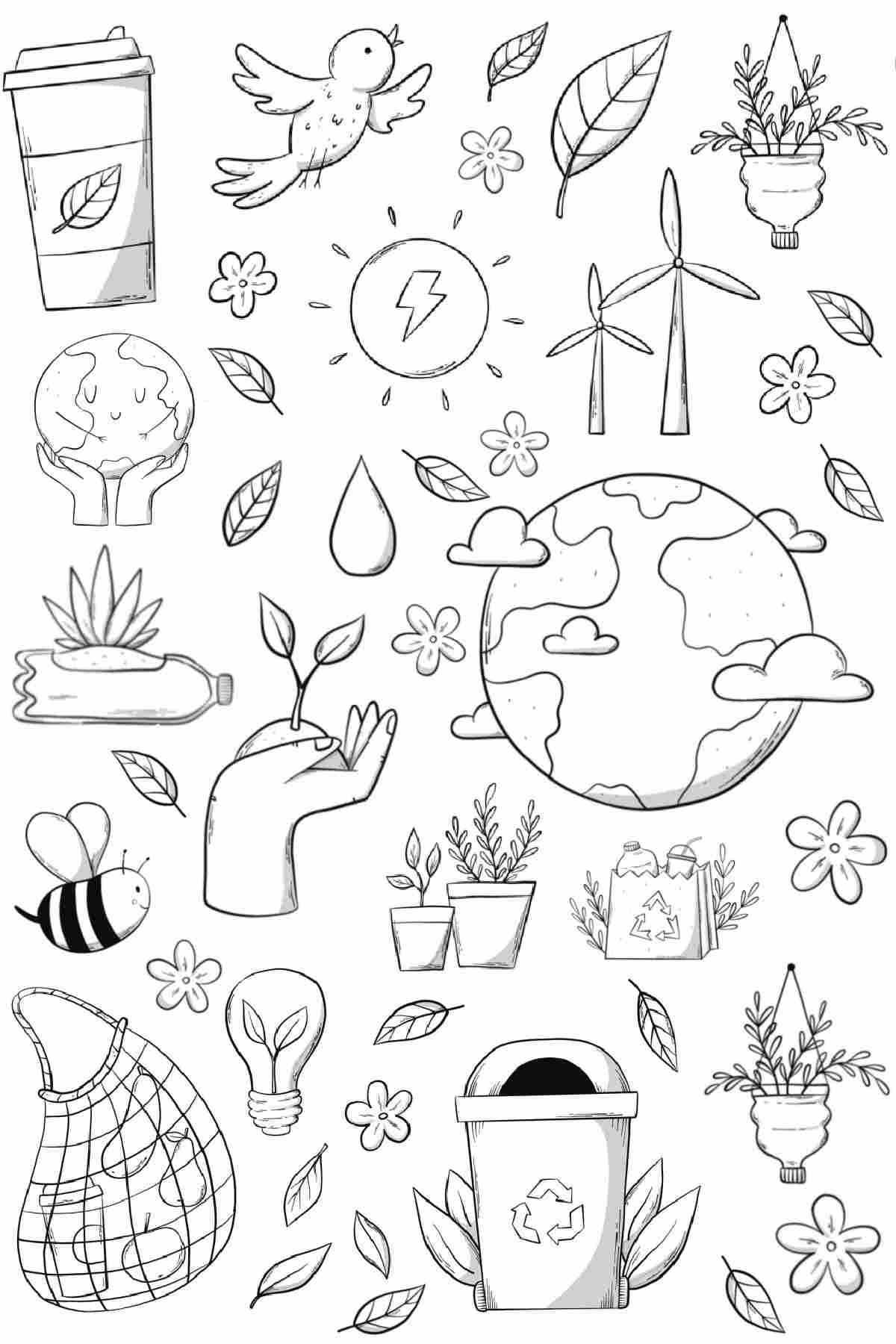 22 Free Printable Coloring Pages for Earth Day A free coloring sheets for Earth Day printable, with various eco friendly images, including the earth, wind turbines, bees, plants, recycling items, and more.