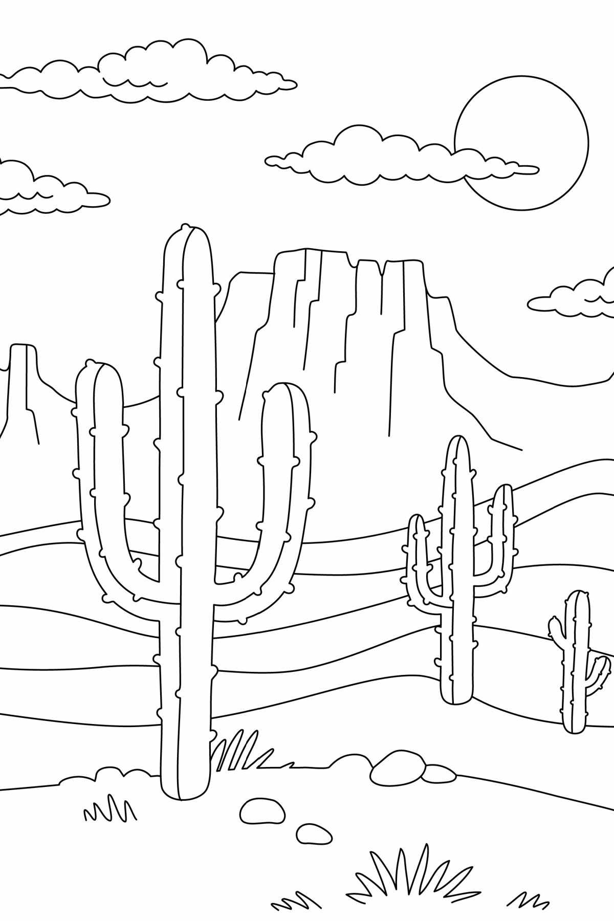 Get a Free Desert Coloring Pages Printable for Earth Day A desert coloring pages printable, with a mountain in the background, and cacti in the foreground.