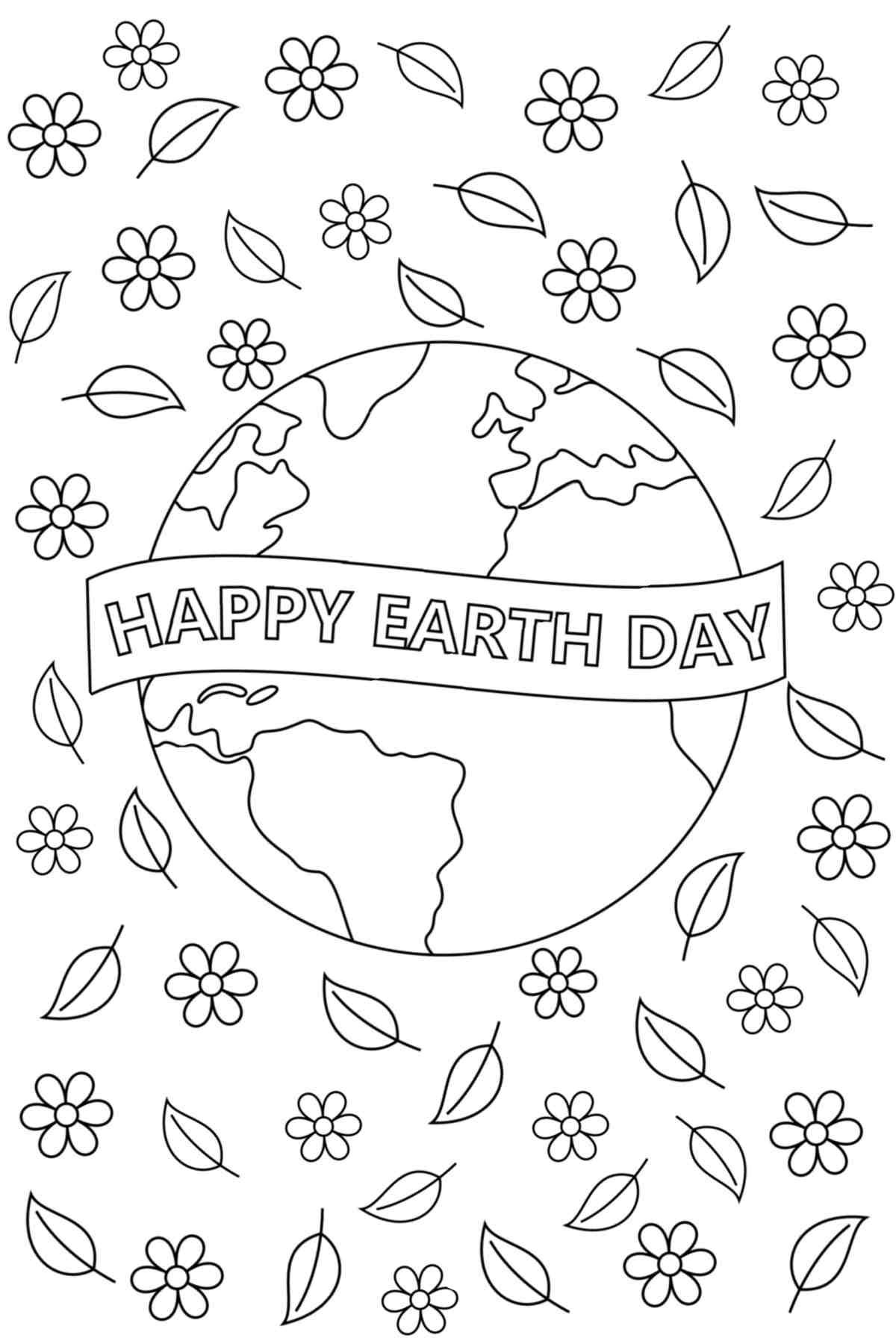22 Free Printable Earth Day Coloring Sheets A happy Earth Day coloring pages printable with the earth in the center, with a banner that says Happy Earth Day, and tiny leaves and flowers surrounding the earth.