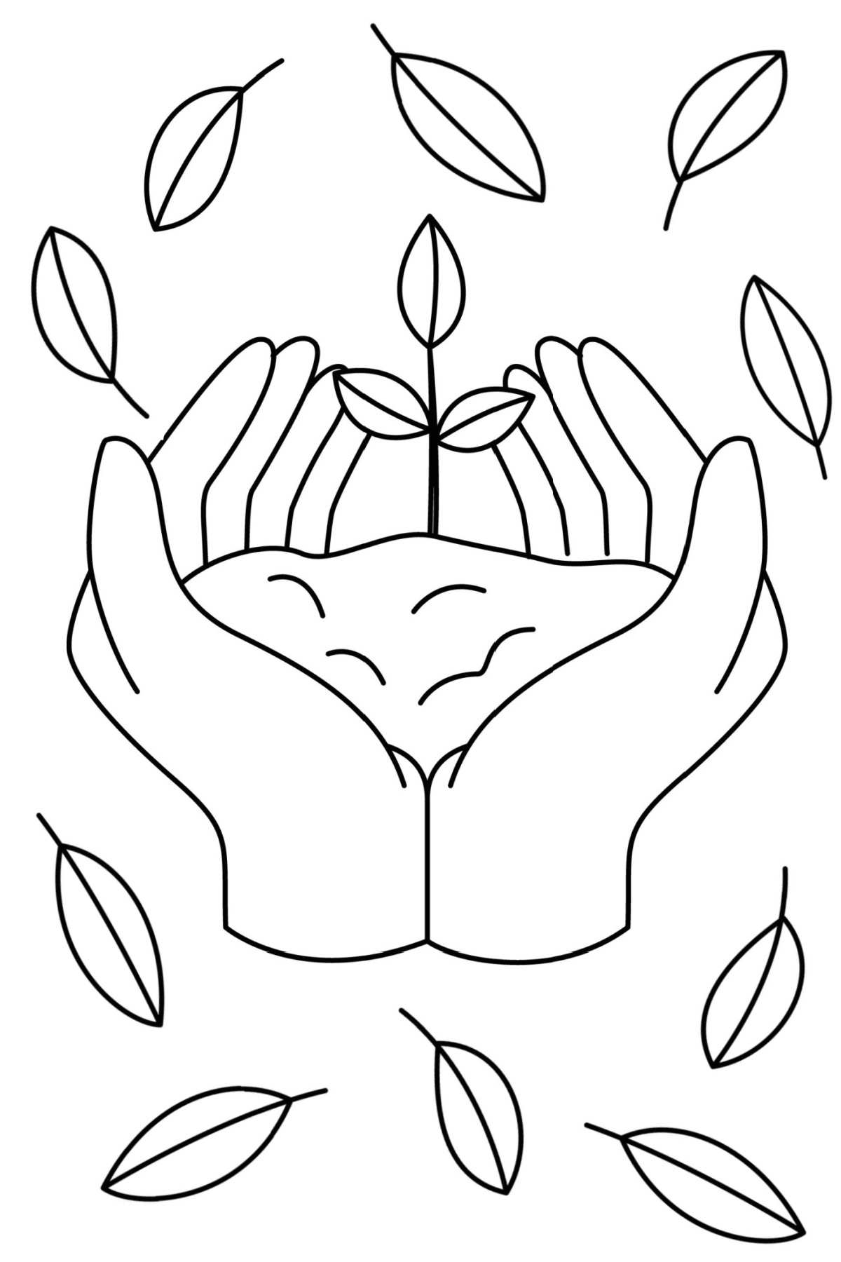 Get a Free Leaf Coloring Pages Printable for Earth Day A leaf coloring sheets printable for Earth Day, with two hands holding a mound of soil, with a tiny sapling coming out of it, and leaves floating around the hands.