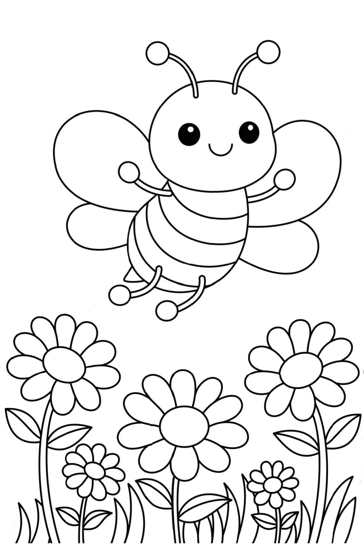 Get a Bee Coloring Sheet for Earth Day A free bee coloring sheet for Earth Day with a smiling bumble bee flying over three sunflowers.