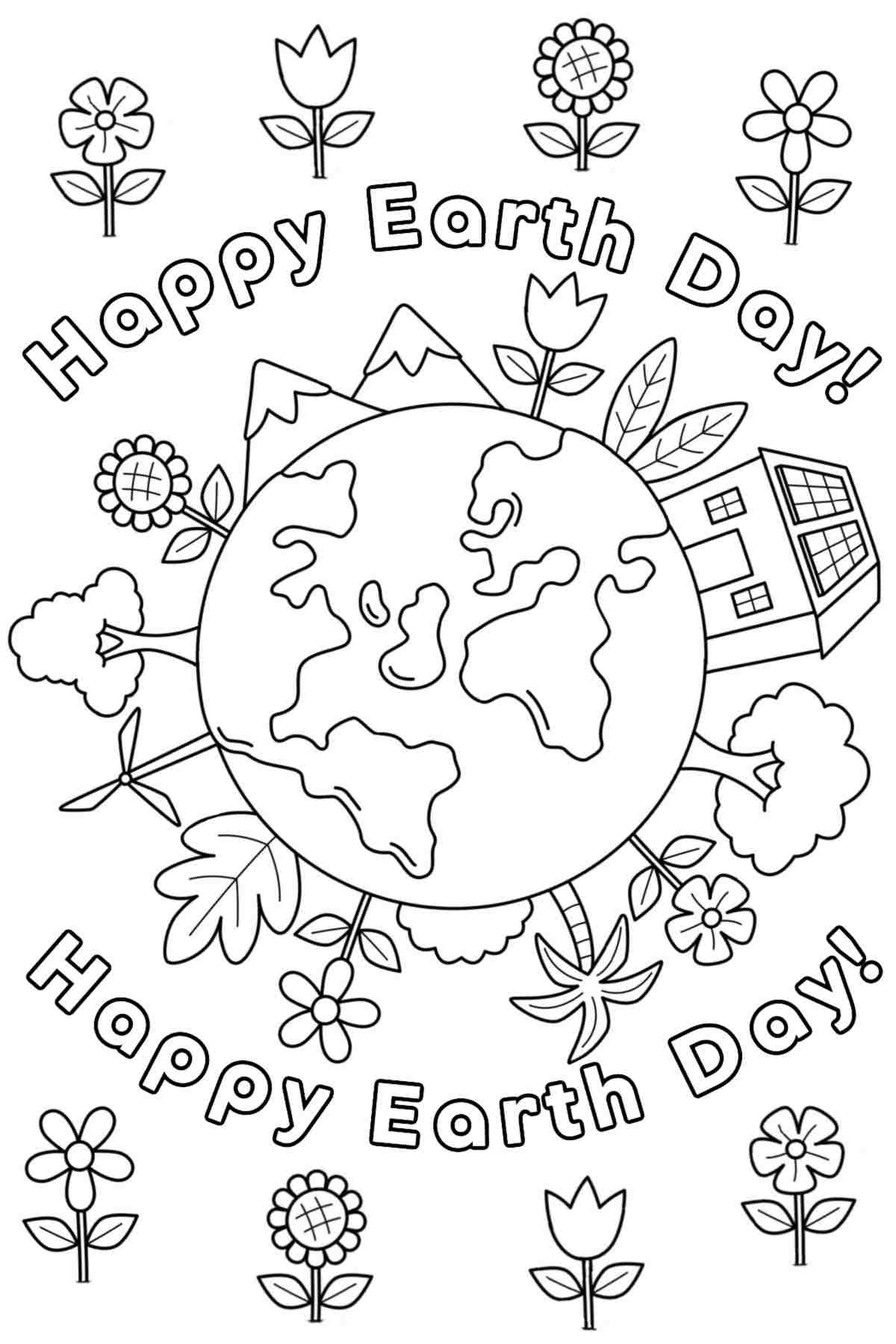 Free Happy Earth Day Coloring Pages A free printable Earth Day coloring pages image with an earth in the center, with flowers and trees coming out of it, and two text overlays reading happy Earth Day in two semi circles one above the earth, and one below.