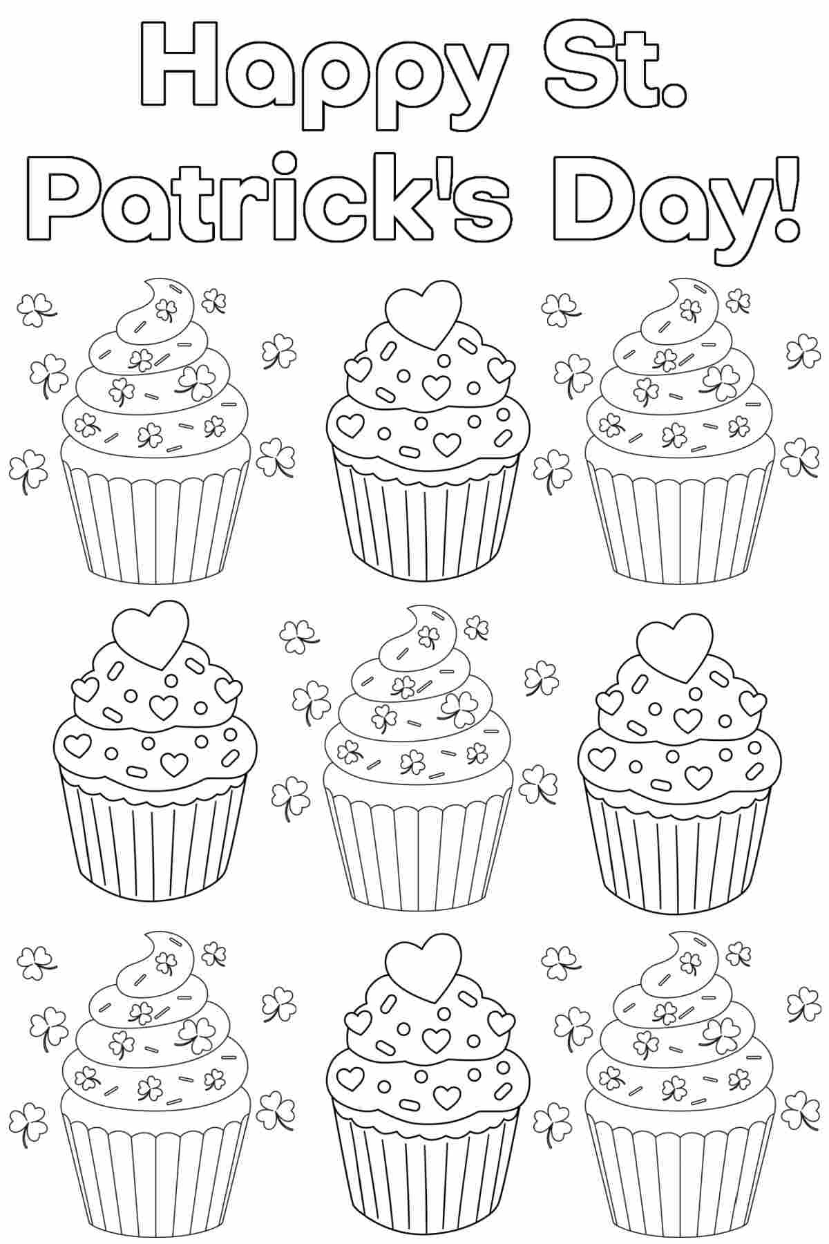 Get Cupcake Coloring Pages for St. Patrick's Day A St. Patrick's Day cupcake coloring pages printable with nine cupcakes decorated with hearts and shamrocks and text at the top that says Happy St. Patrick's Day.