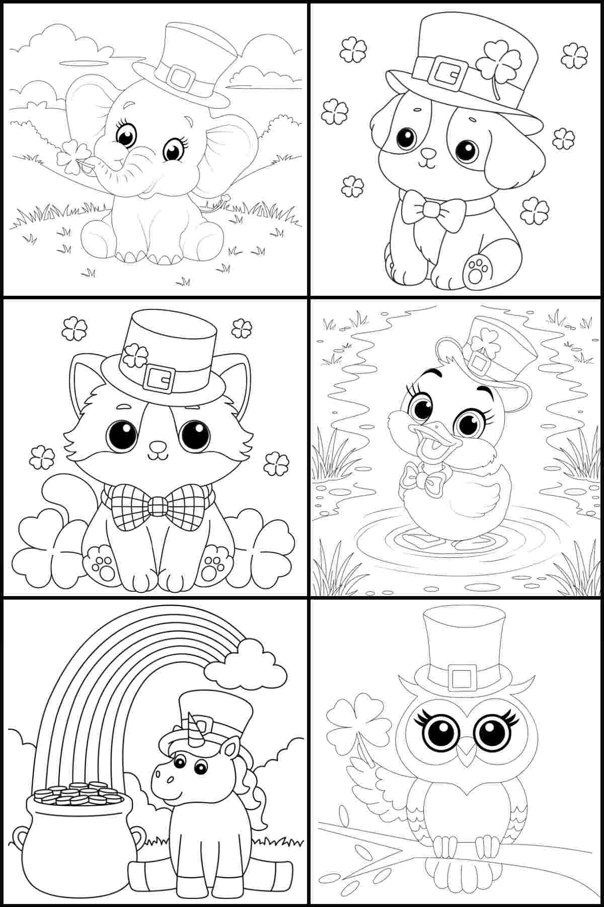 Get 17 Free Saint Patrick's Day Coloring Sheets A printable coloring sheets for St. Patrick's Day featuring six baby animals wearing shamrock hats, including a unicorn, a puppy, a kitten, a duck, an owl and a baby elephant.