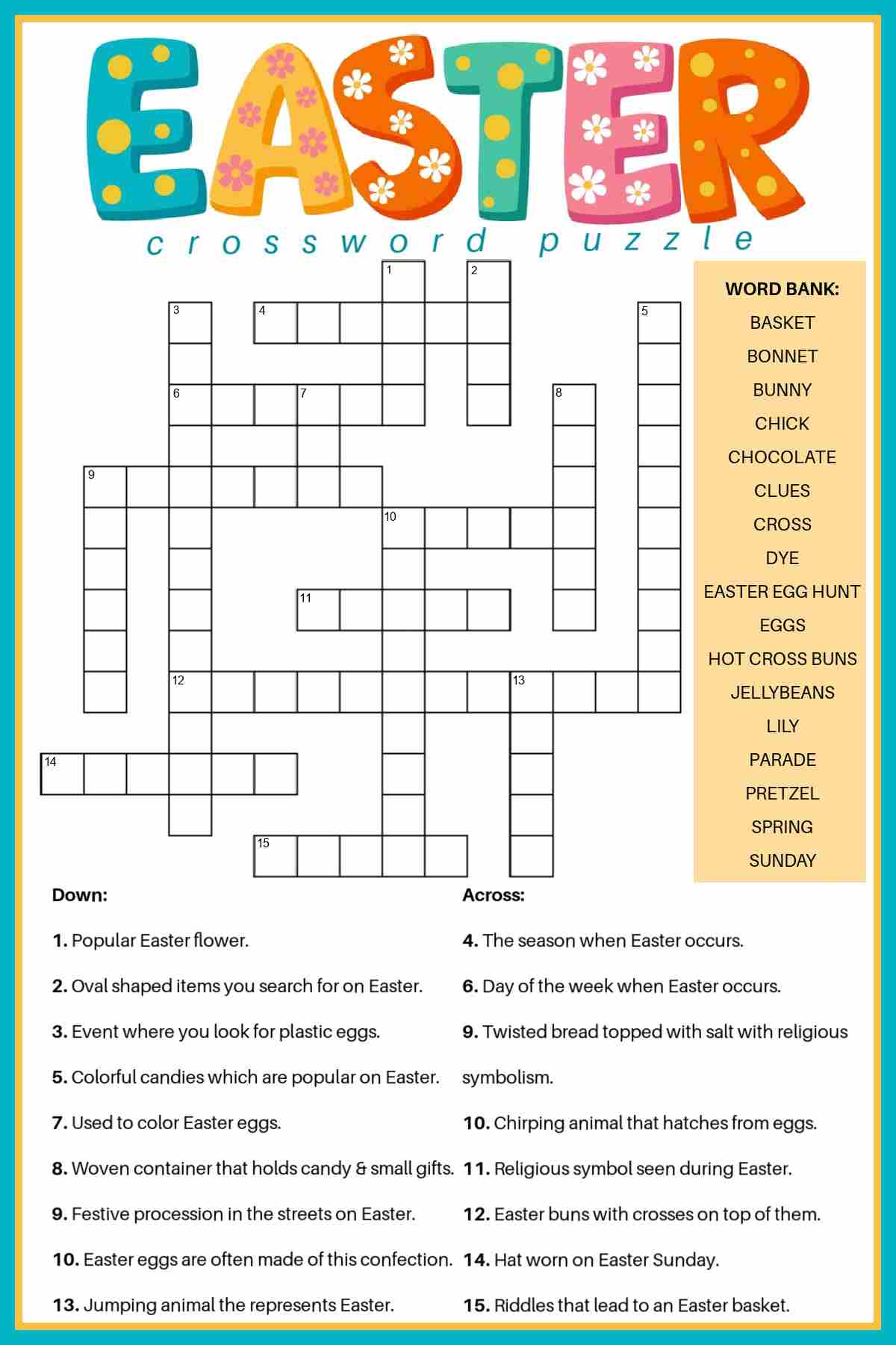 An Easter printable crossword puzzle with the clues at the bottom, the Easter crossword puzzle in the middle, a word bank in a yellow box to the right of it, and the word Easter in large pastel letters with daisies on top of them.