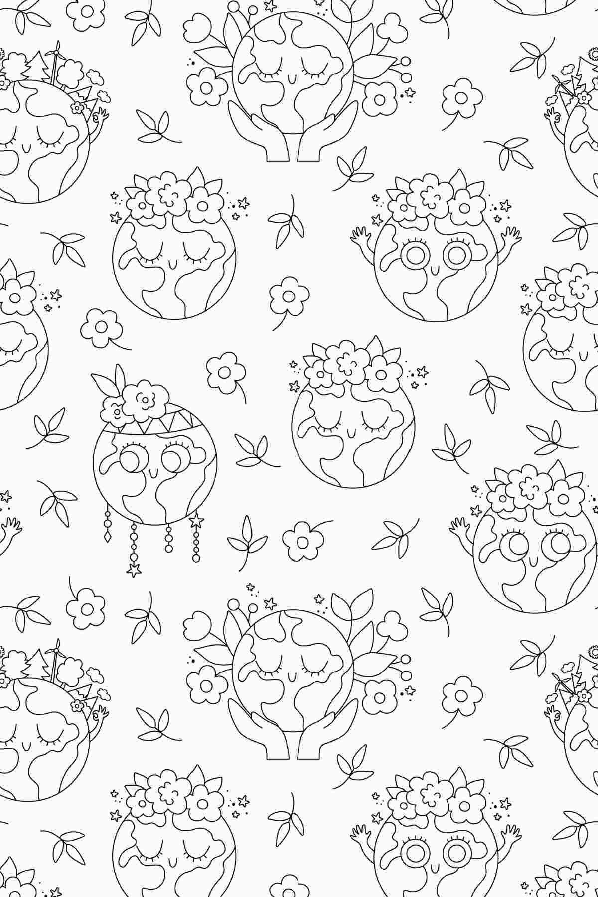 Get a 22 Free Printable Earth Coloring Pages for Earth Day A free earth coloring pages printable with tiny happy earths filling the page, with flowers and leaves around them.