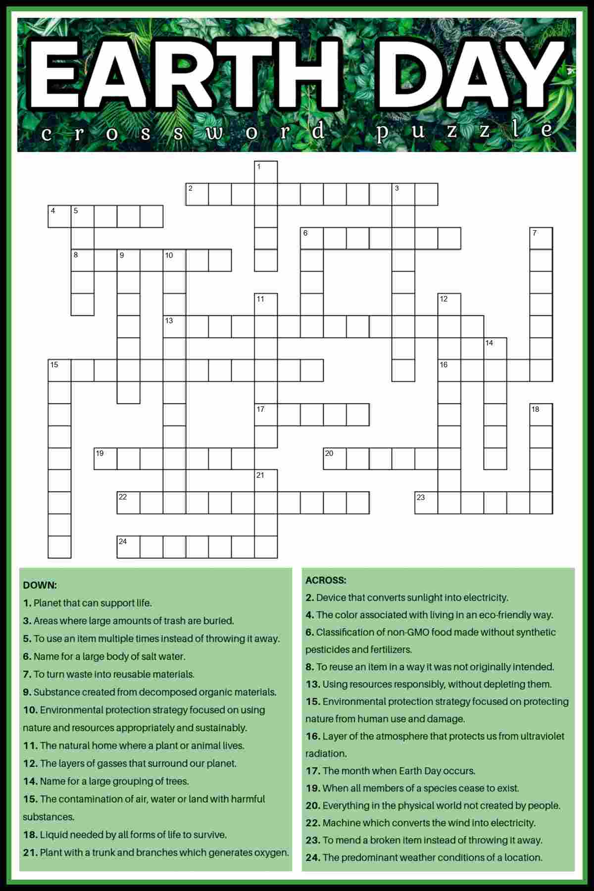 A free Earth Day crossword puzzle printable with the clues in a green box at the bottom, and tropical leaves at the top with the words Earth Day in capital letters over them.