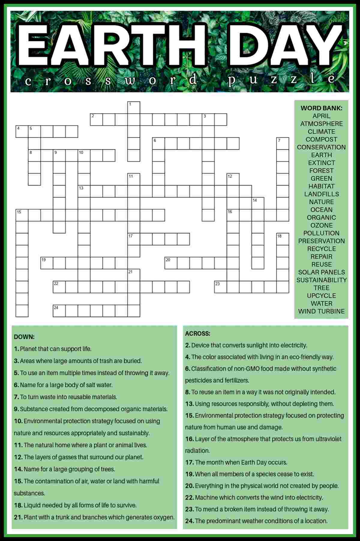 A free Earth Day crossword puzzle with a word bank to the right of it, the clues at the bottom in a green box, and the word Earth Day at the top in white lettering over green leaves.