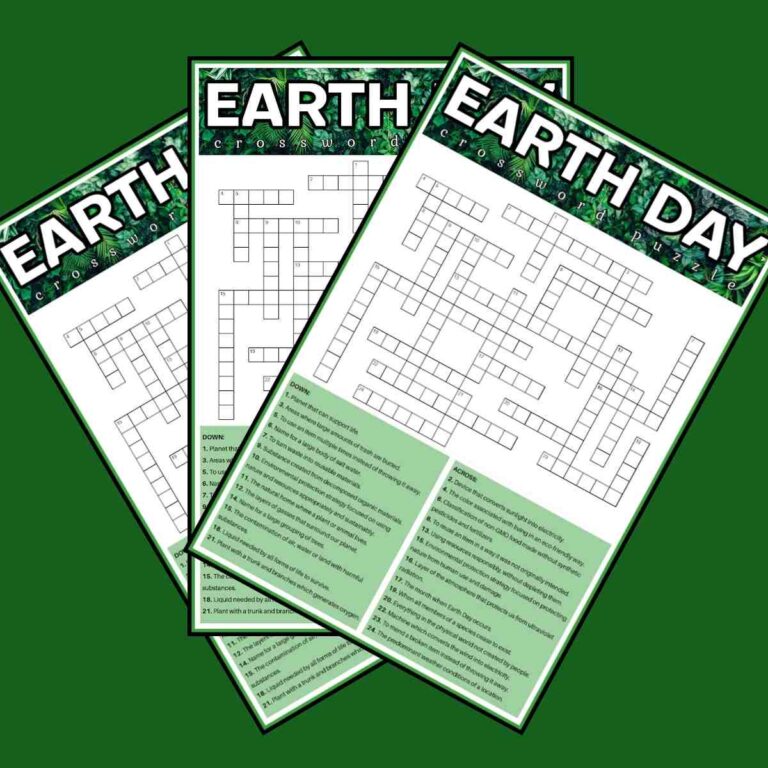Three free Earth Day printables fanned out on top of each other, each one featuring an Earth Day crossword puzzle with 26 words.