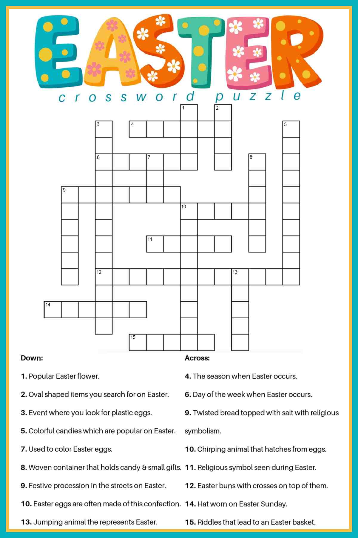 A free printable crossword puzzle with clues at the bottom, and the words Easter crossword puzzle at the top, with the word Easter in large pastel letters with daisies on them.
