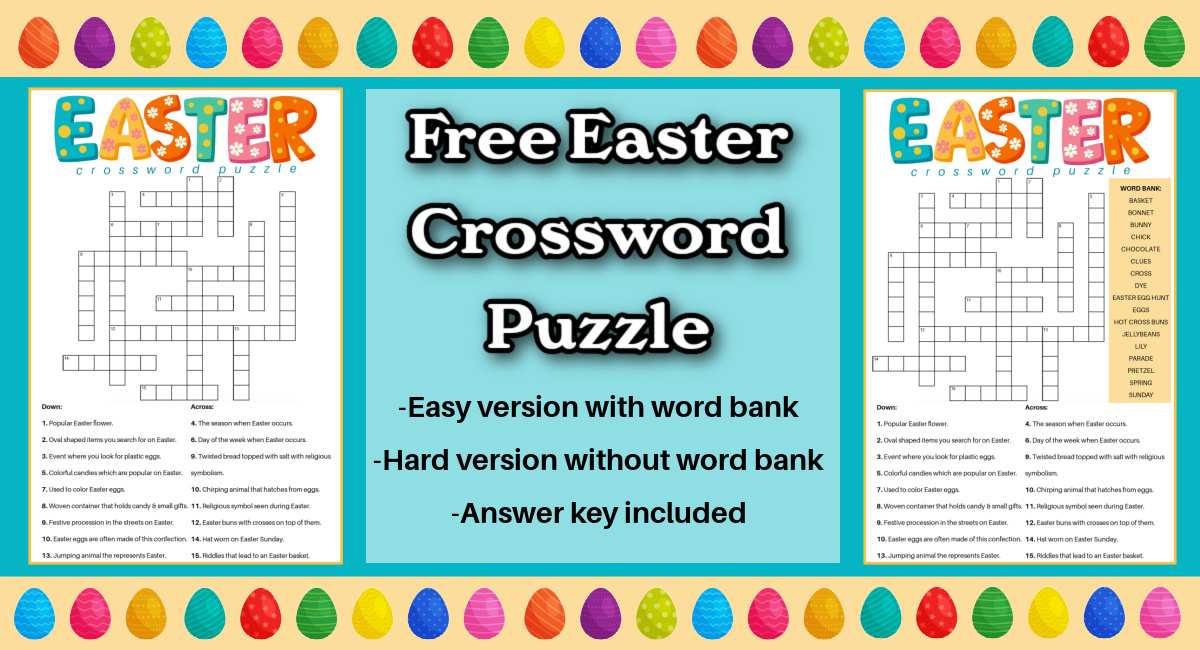 Easter crosswords and text overlay A yellow background with Easter eggs at the top and bottom border, and two free Easter crossword puzzles in the center of the image with a text overlay in between the two images.
